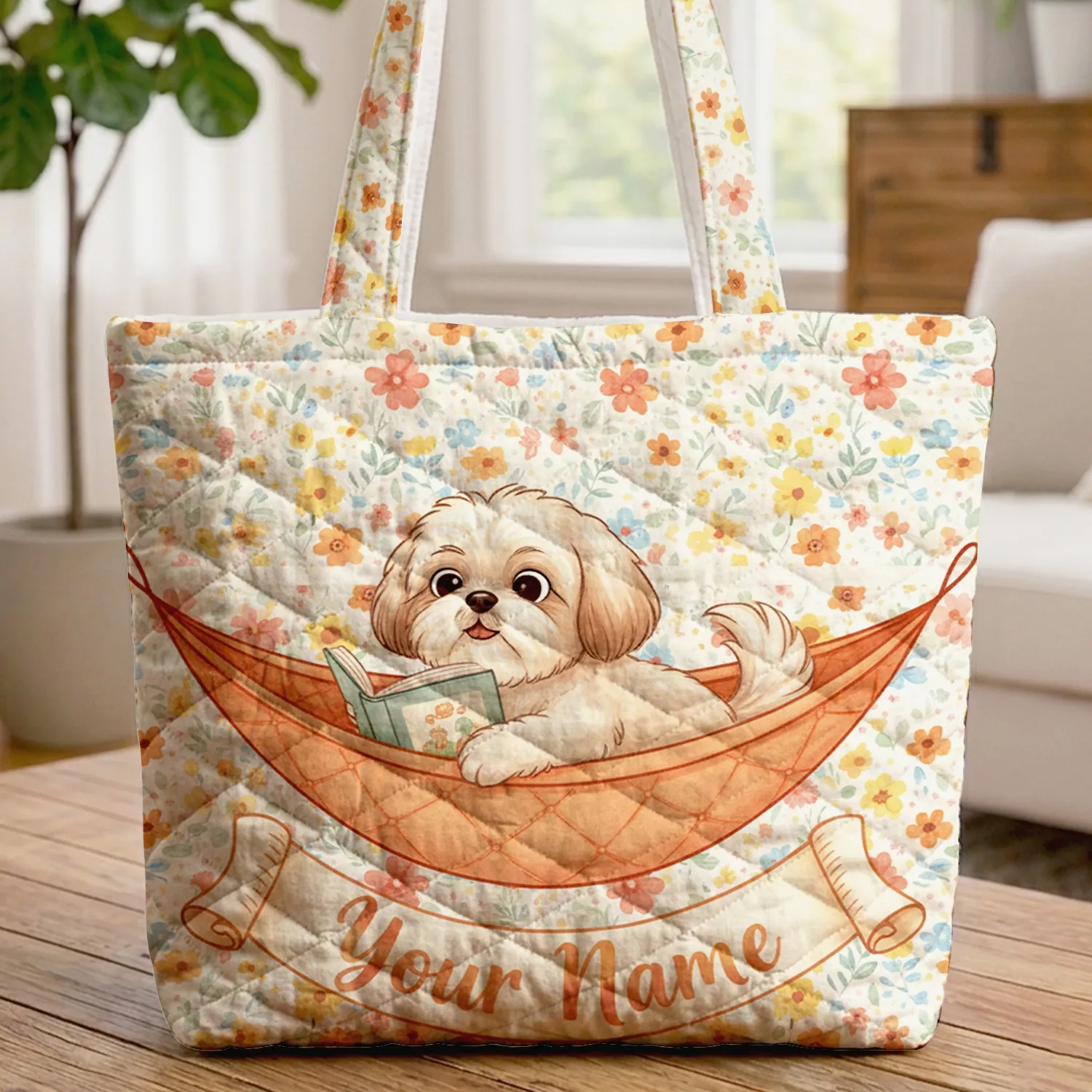 Shih Tzu Dog Reading Book Wildflower Garden Dog Lover Gift Quilted Tote Bag - 1