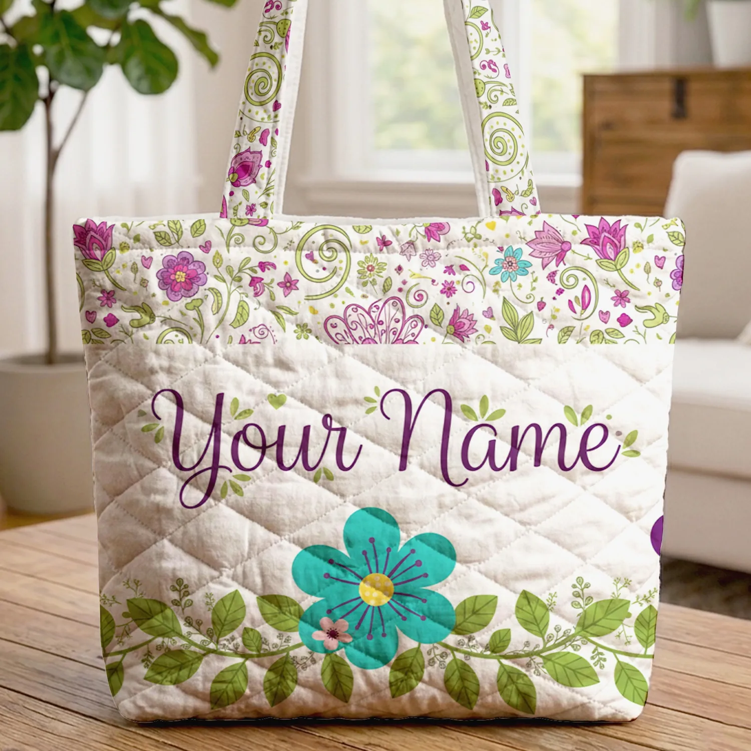 Fuchsia Teal Purple Flowers Leaves Name Garland - Everyday Carry for Her Quilted Tote Bag - 1