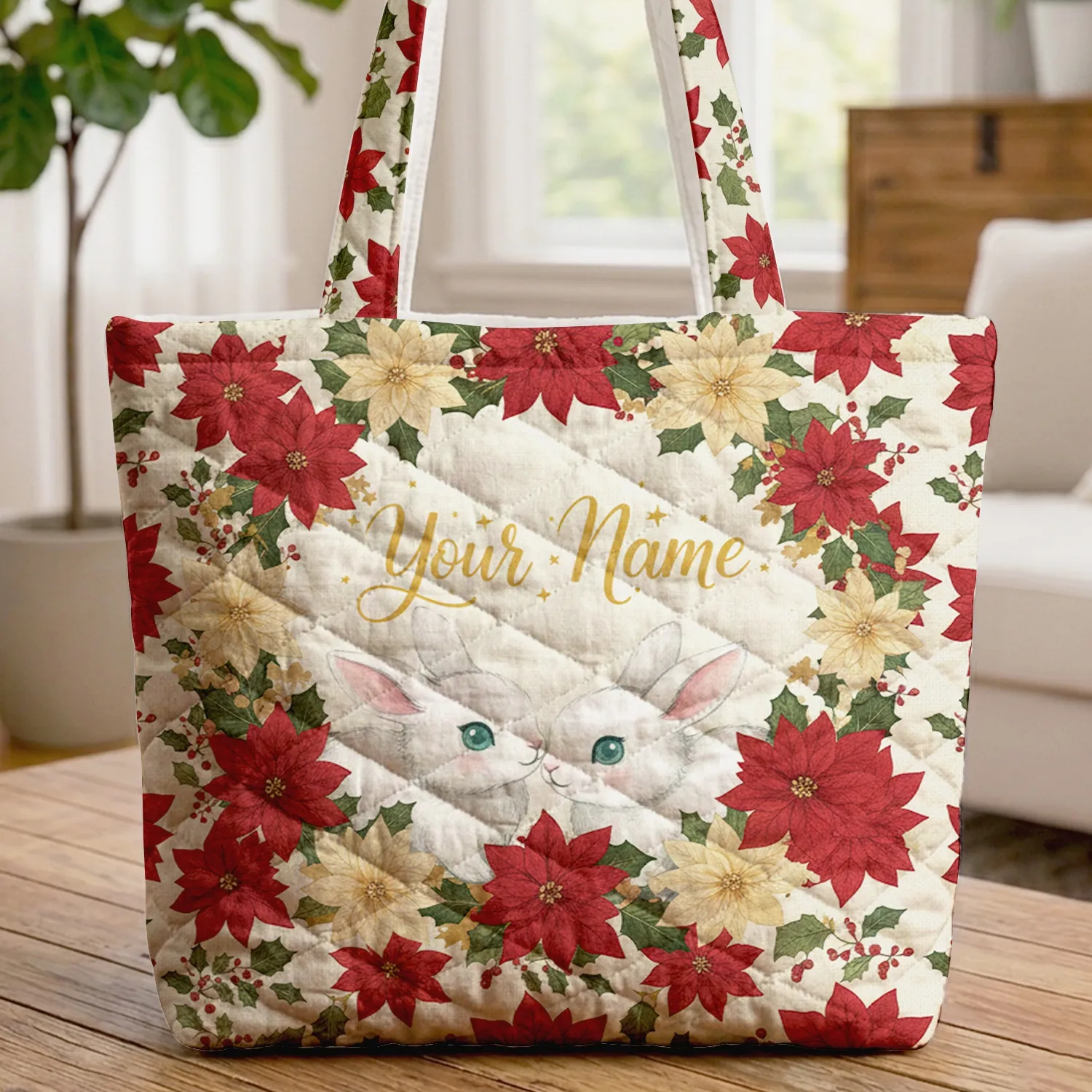 Fluffy Bunnies Poinsettia Holly Red Berry Floral Wreath - Christmas Gift Quilted Tote Bag - 1