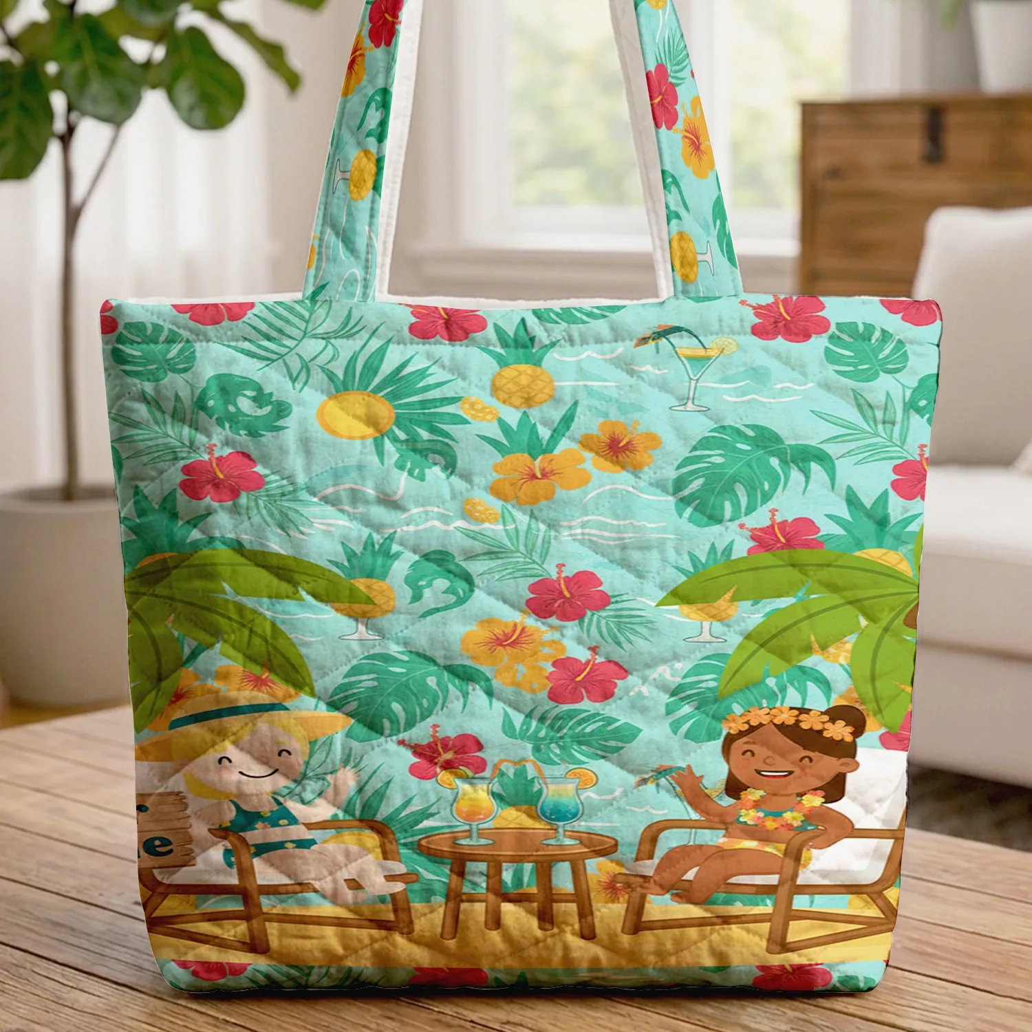 Personalized Beach Chairs Tropical Cocktails Palm Trees Hibiscus - Vacation Gift Quilted Tote Bag - 1
