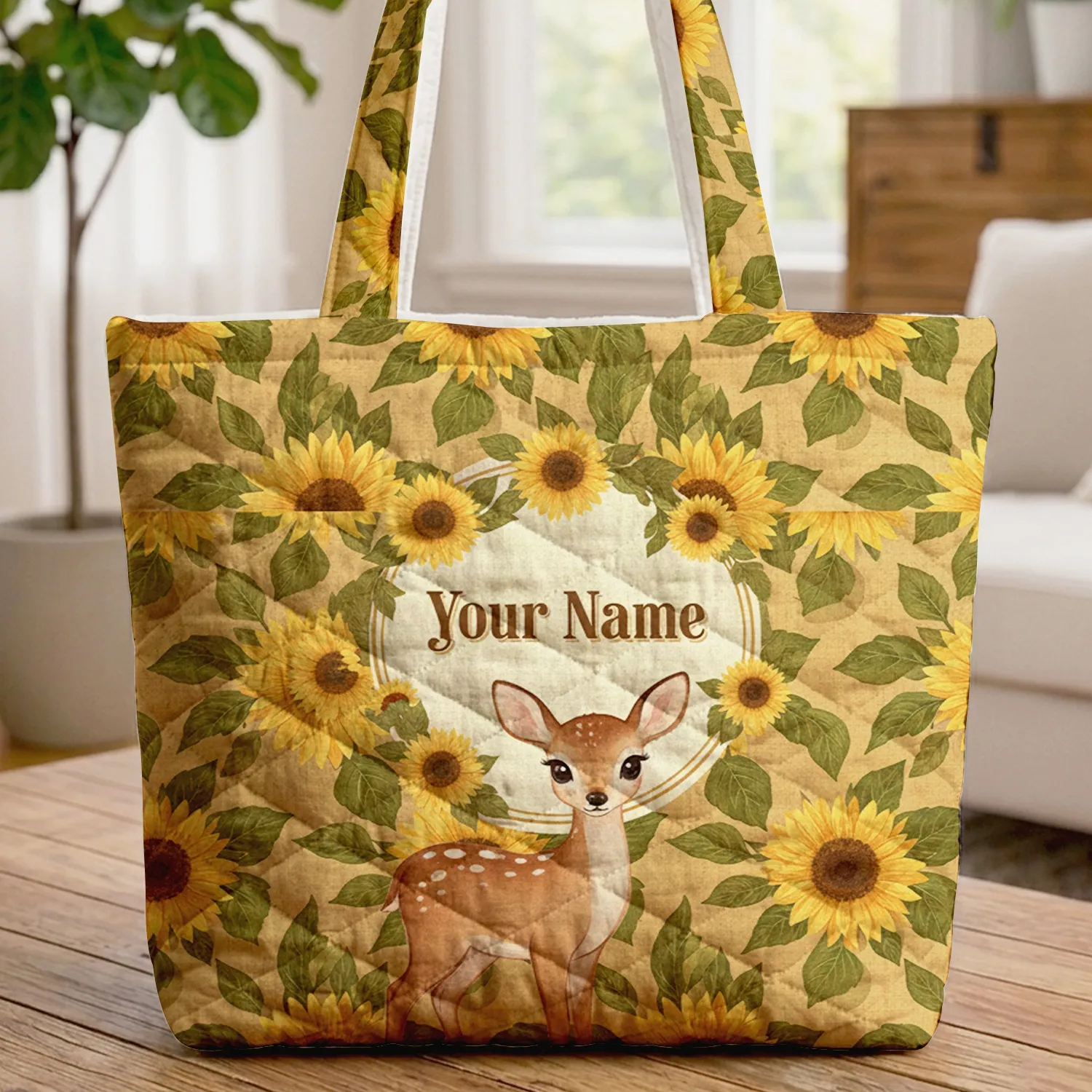 Deer Sunflower Field Name Wreath - Nature Lover Gift Quilted Tote Bag - 1