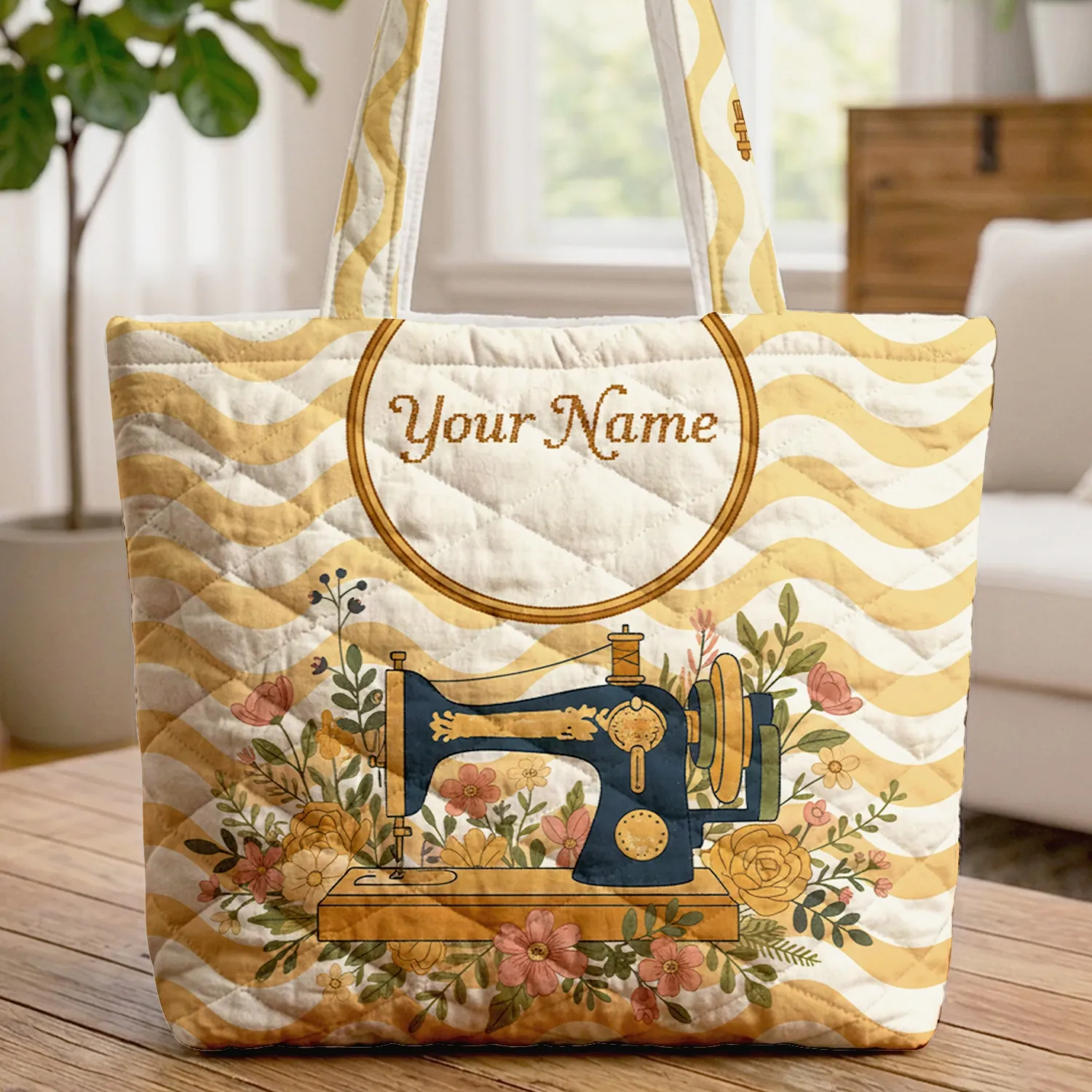 Personalized Vintage Sewing Machine Wildflowers - Sewing Enthusiast Gift Quilted Tote Bag - 1