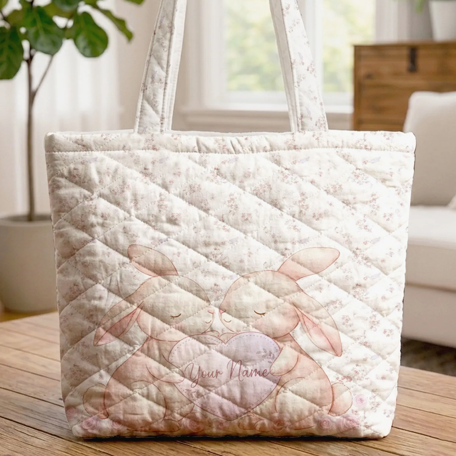 Nuzzling Bunnies Rosebuds Personalized Name Heart - Gentle Wildlife Lover Gift Quilted Tote Bag - 1