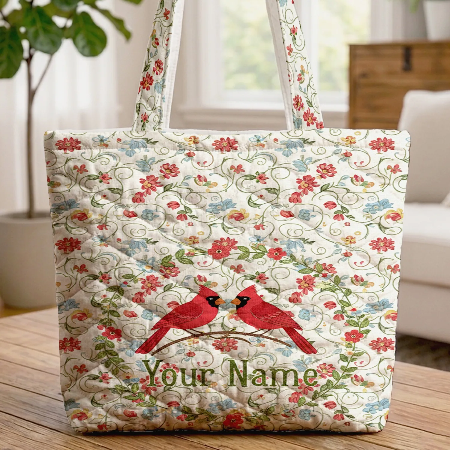 Red Cardinal Birds Branch Swirling Vines Floral Wreath Name - Nature Lover Gift Quilted Tote Bag - 1