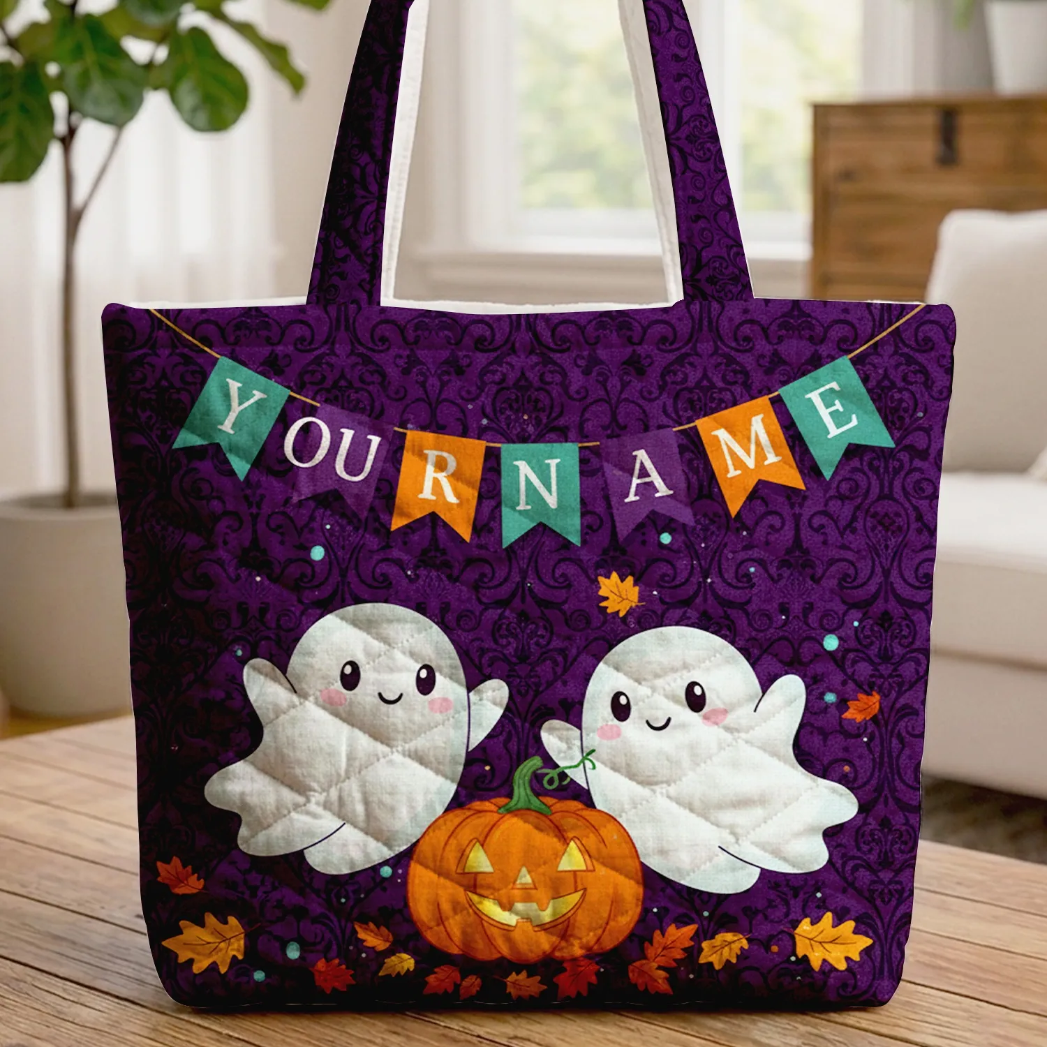 Ghost Jack-O-Lantern Pumpkin Autumn Leaves Fireflies Name Bunting - Halloween Gift Quilted Tote Bag - 1