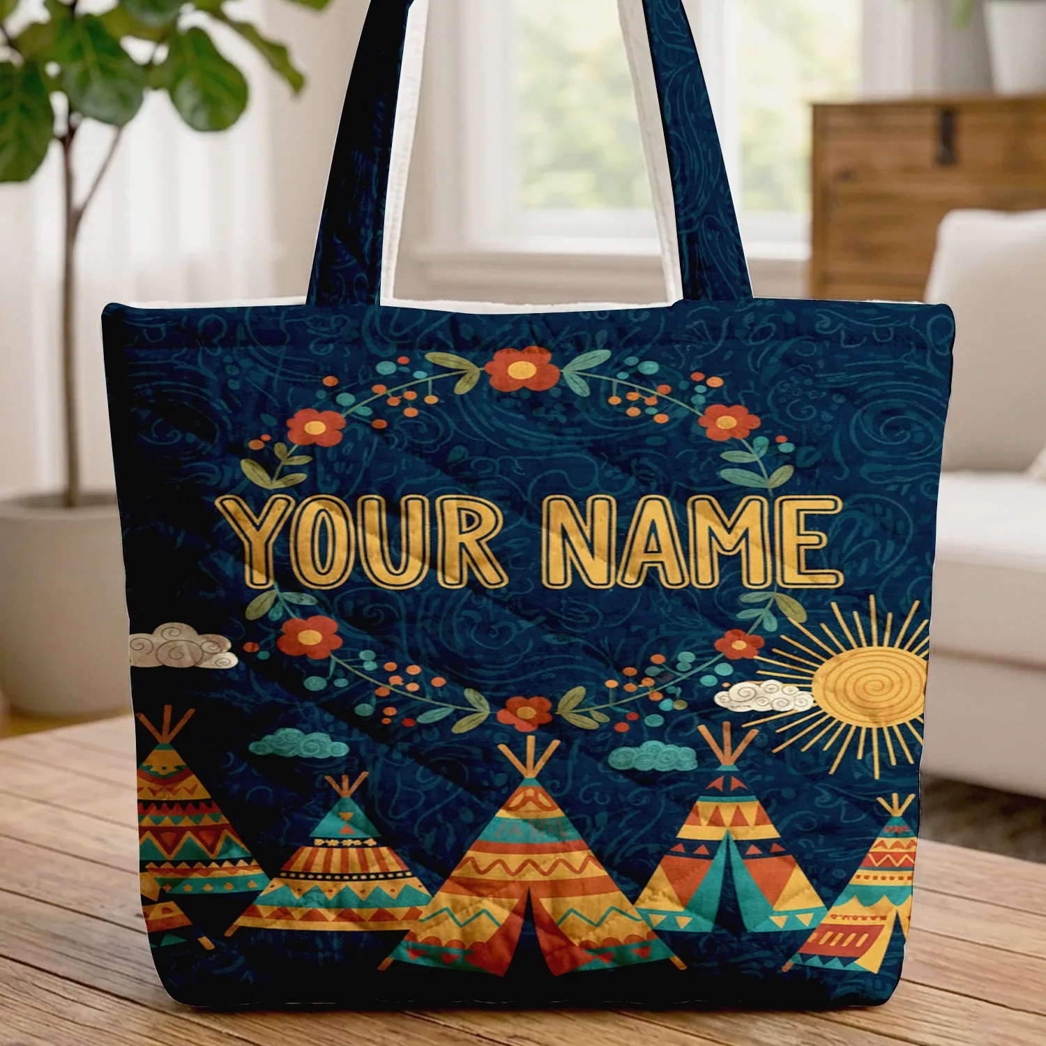 Patterned Tipis Sun Clouds Night Sky Floral Wreath Personalized Name - Home Decor Gift Quilted Tote Bag - 1