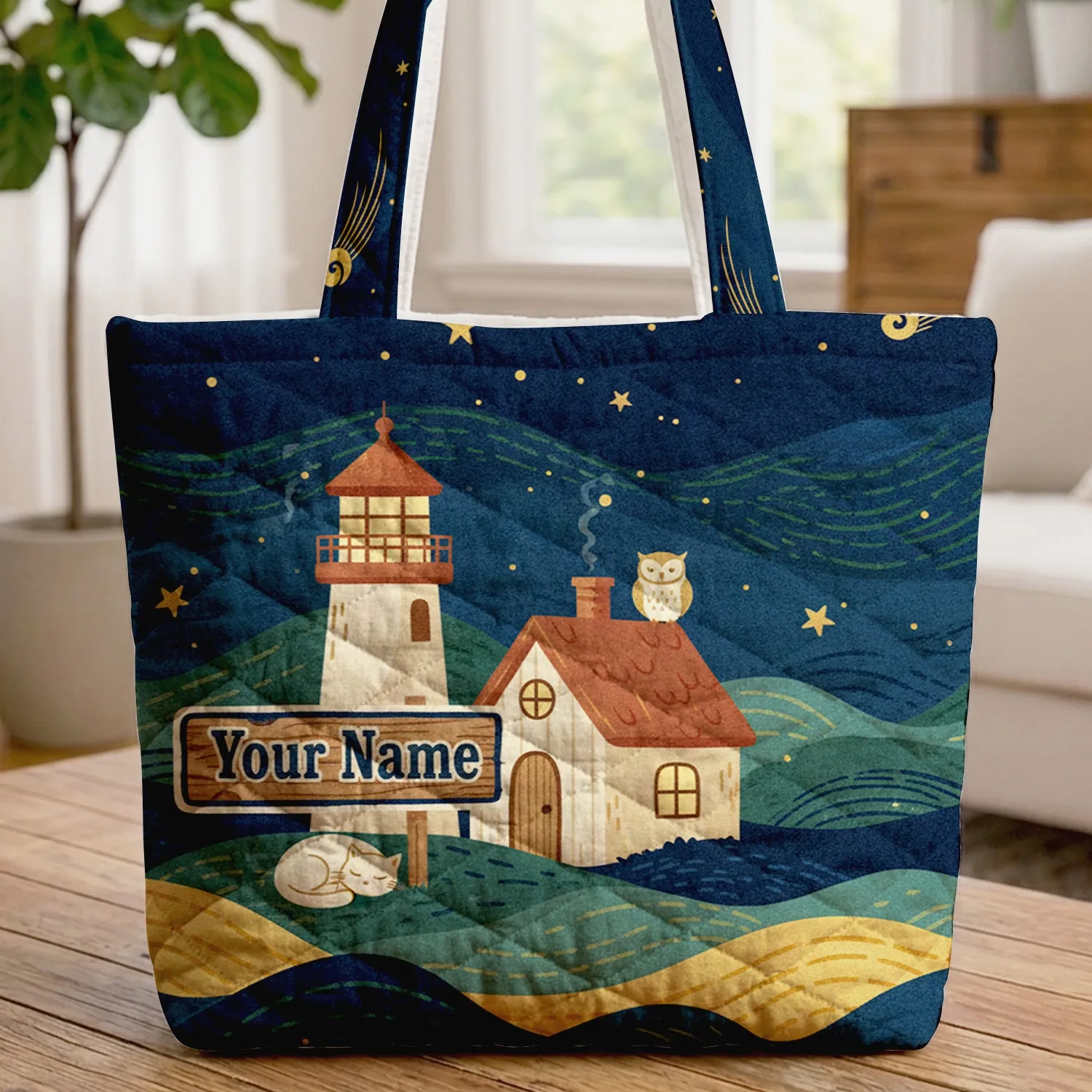 Starry Night Sky Swirls Lighthouse Cottage - Everyday Essentials Gift Quilted Tote Bag - 1