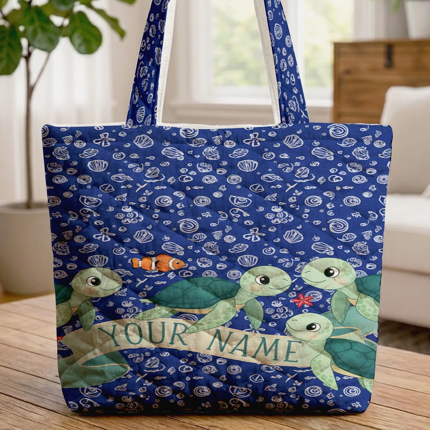 Personalized Sea Turtles Fish Starfish Seashells - Ocean Life Everyday Gift Quilted Tote Bag - 1