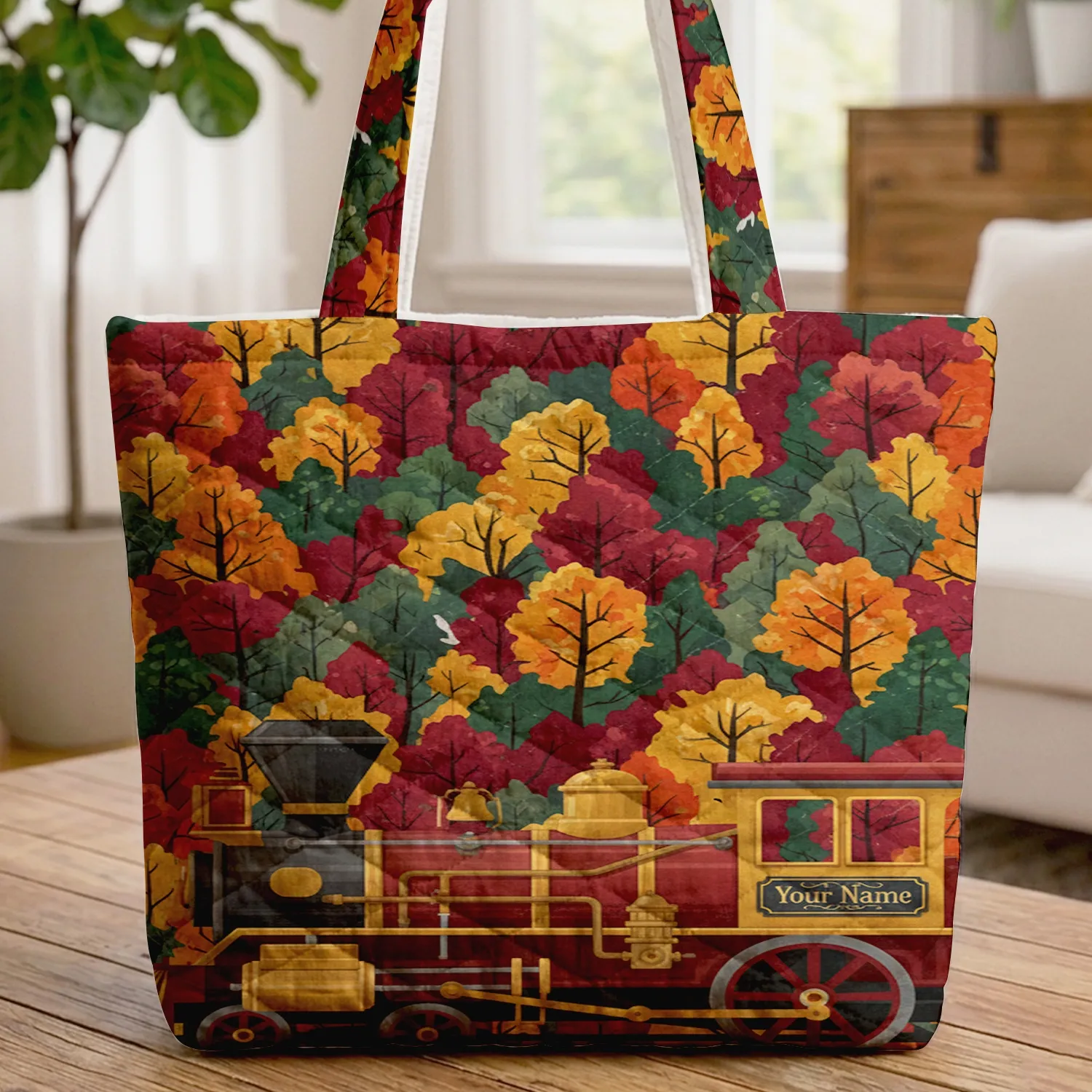 Personalized Vintage Steam Train Autumn Forest - Travel Essentials Gift Quilted Tote Bag - 1