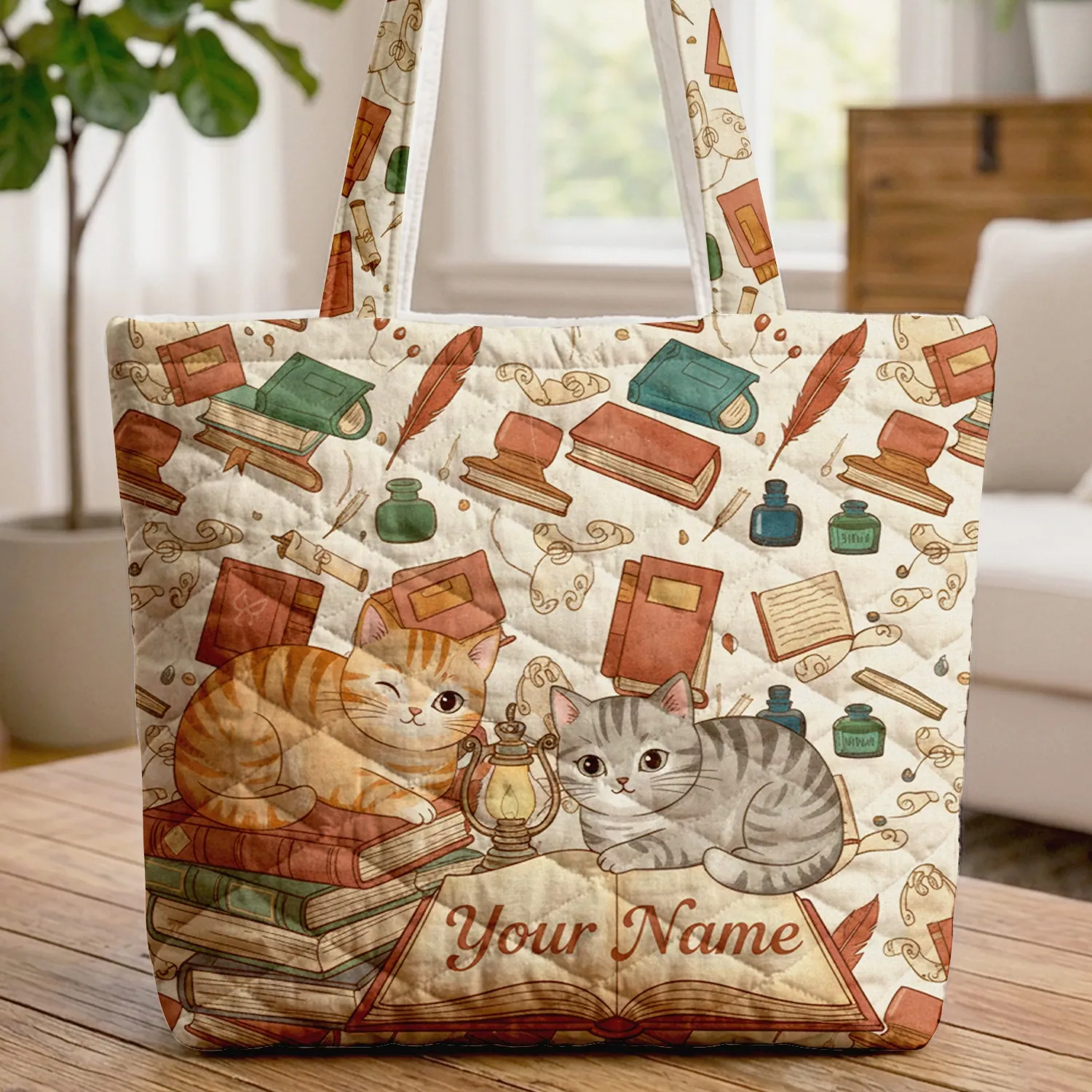 Ginger Tabby Cats Reading Books - Literary Lover Gift Quilted Tote Bag - 1