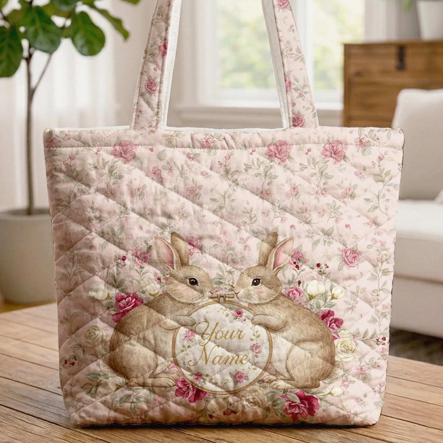 Vintage Bunnies Rose Jasmine Fuchsia Floral Heirloom Keepsake Gift Quilted Tote Bag - 1