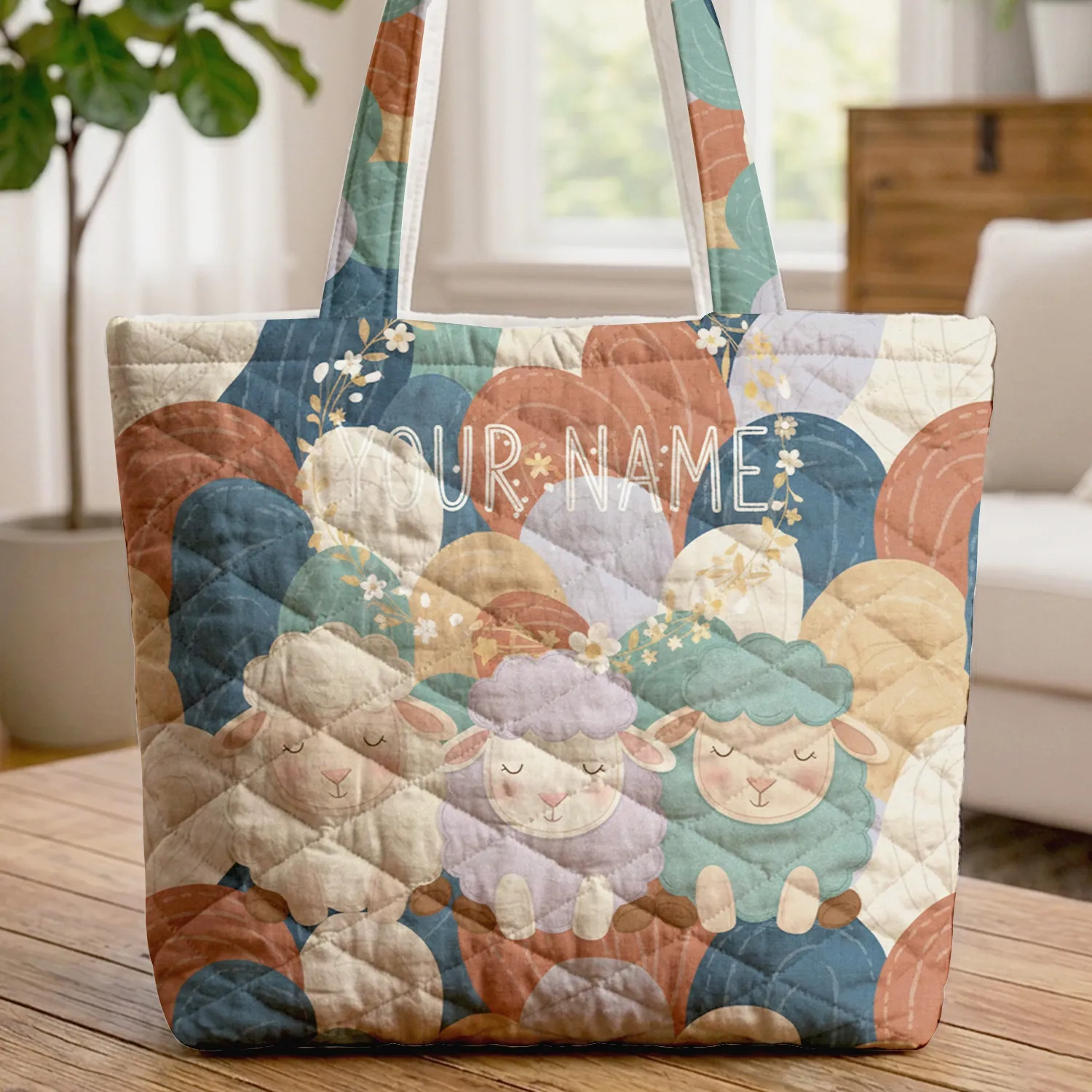 Three Sheep Stars Floral Wreath - Wave Nursery Decor Gift Quilted Tote Bag - 1