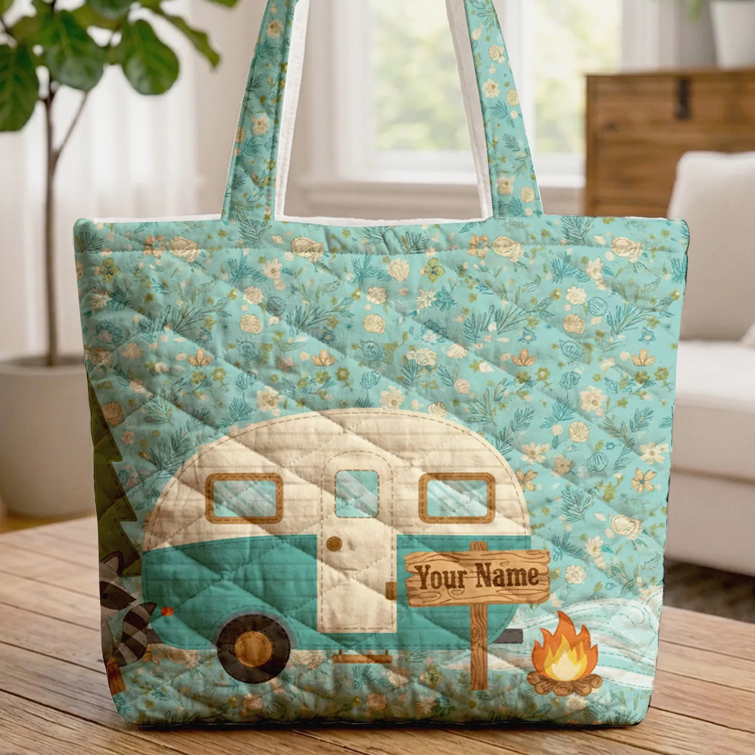 Camper Van Campfire Ocean Waves Wooden Sign - Adventure Lover Gift Quilted Tote Bag - 1