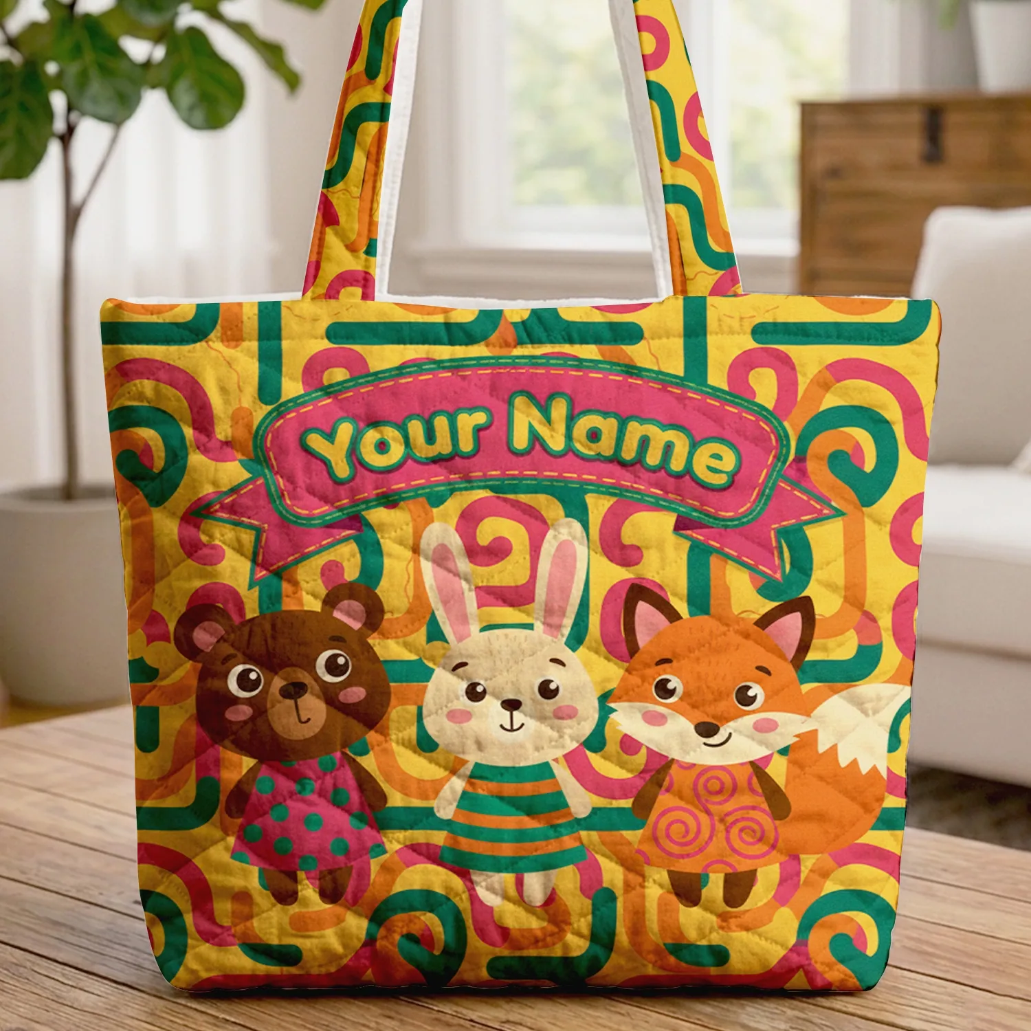 Brown Bear Cream Bunny Orange Fox Organic Shapes - Personalized Name Animal Lover Gift Quilted Tote Bag - 1