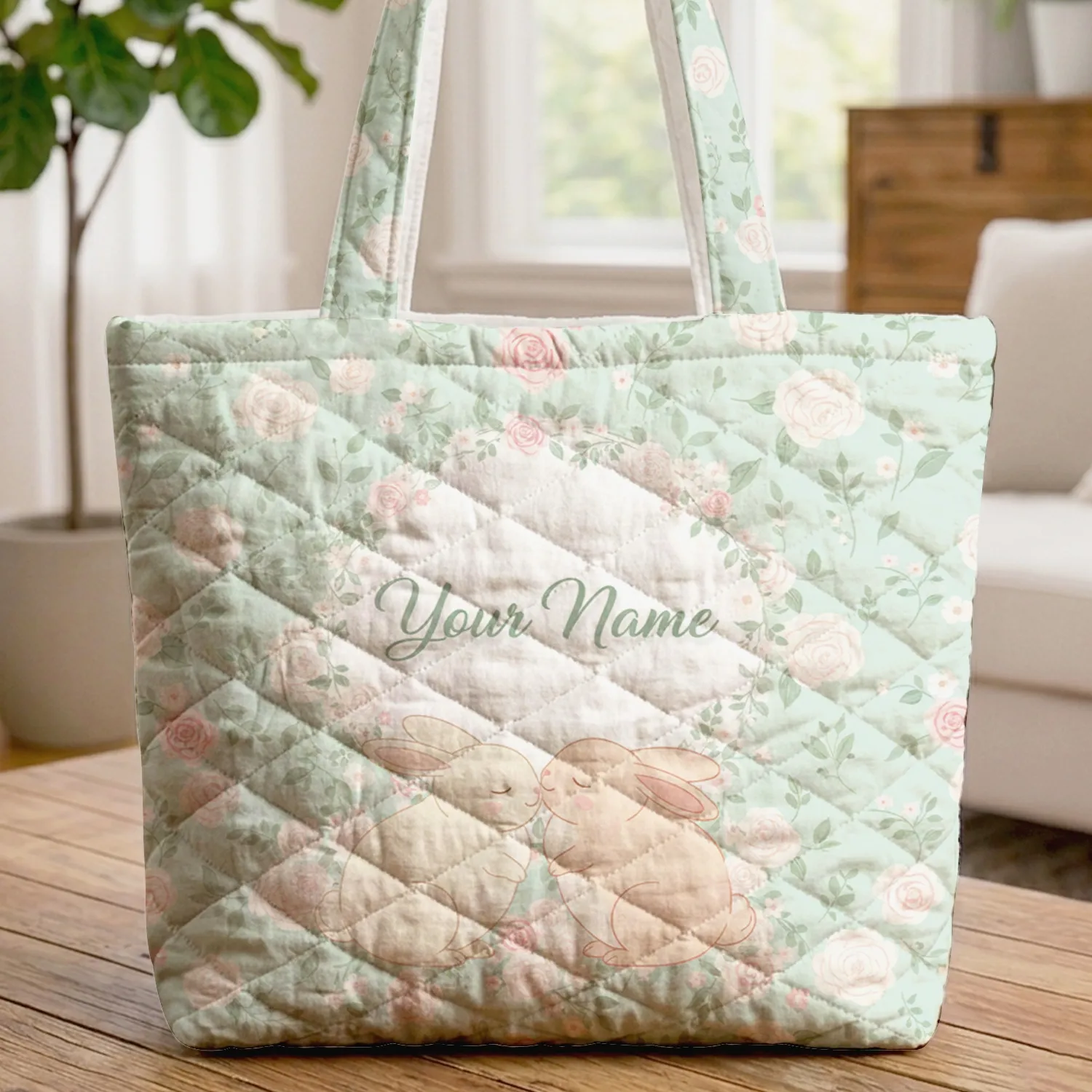 Bunnies Nuzzling Floral Wreath Roses - Everyday Carry Gift for Girls Quilted Tote Bag - 1