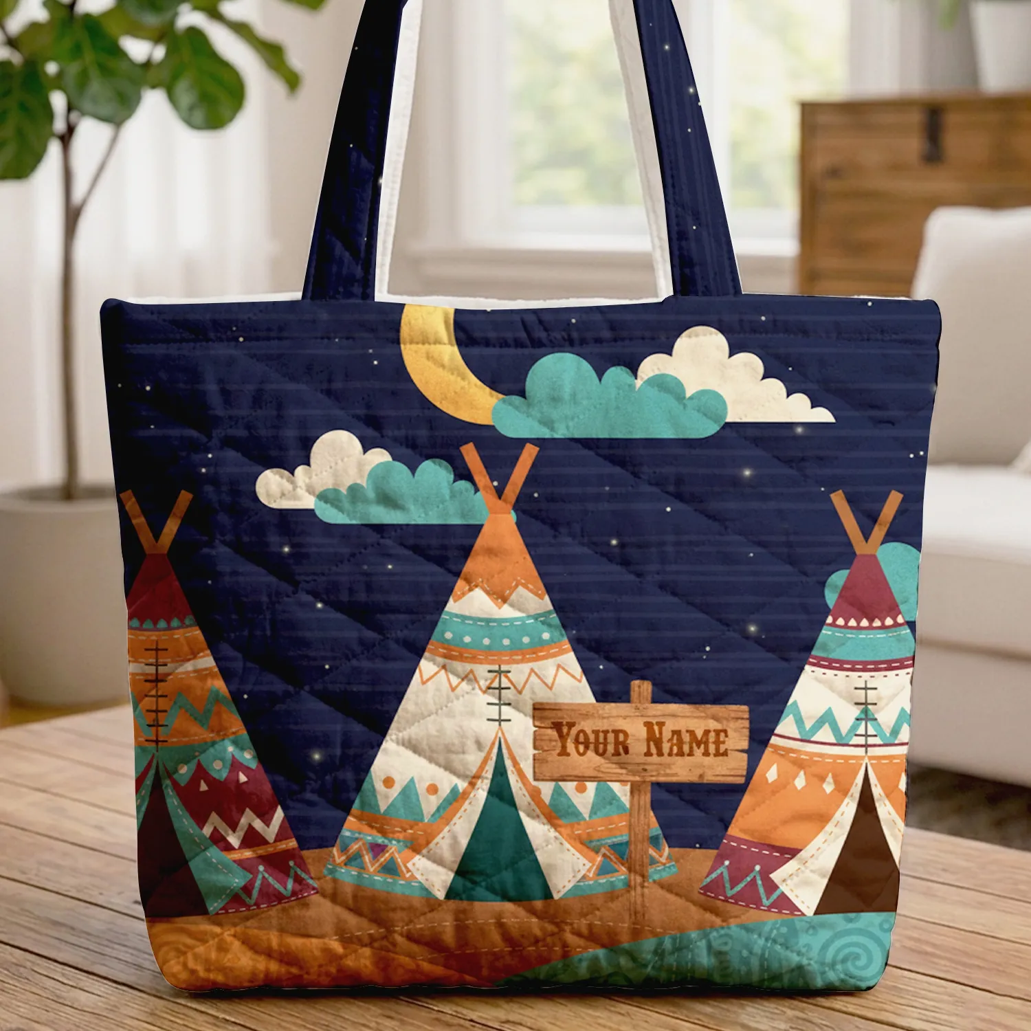 Three Tipi Structures Clouds Crescent Sun Night Sky Name Sign - Home Decor Gift Quilted Tote Bag - 1