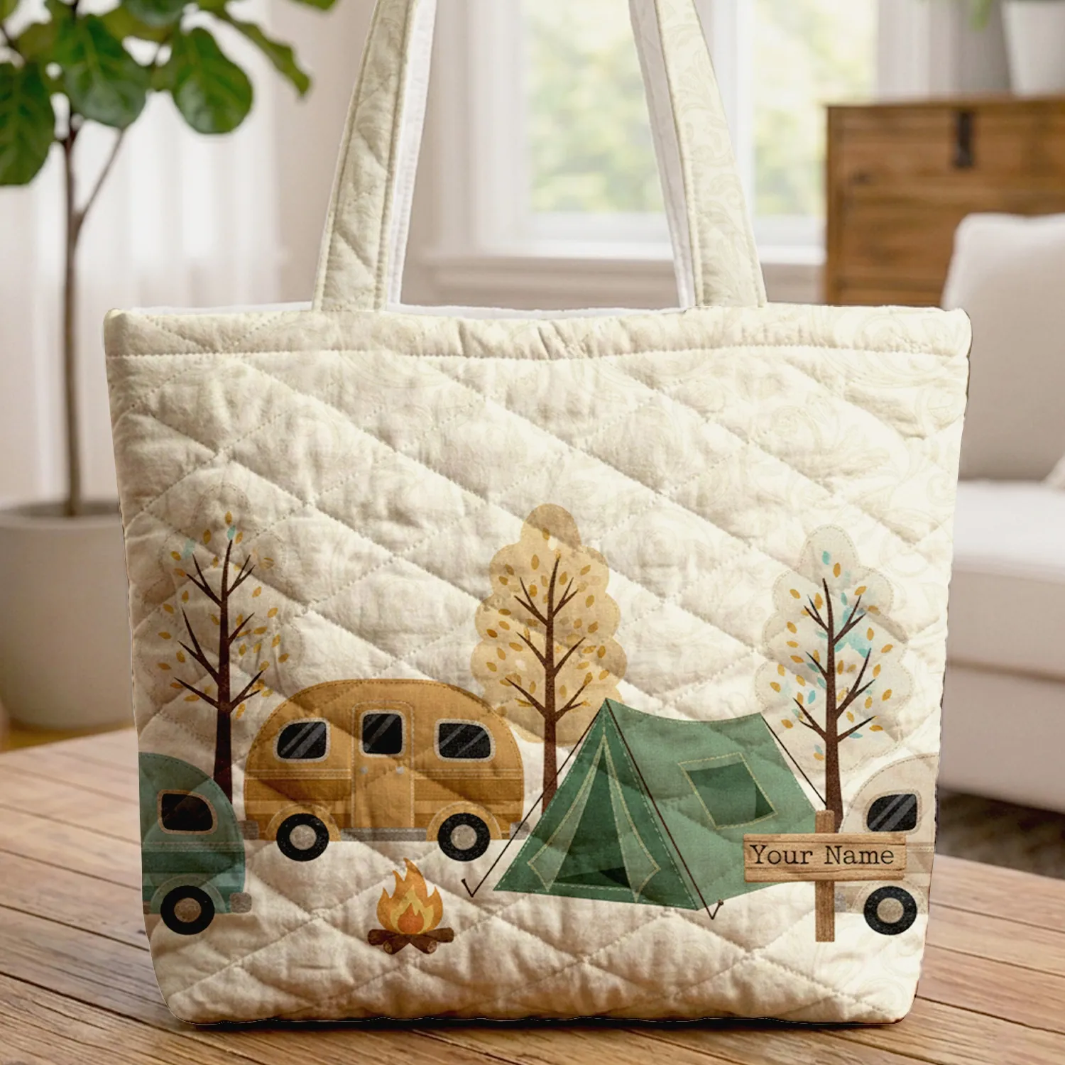Vintage Camper Vans Camping Tent Autumn Campfire - Personalized Camping Gift Quilted Tote Bag - 1