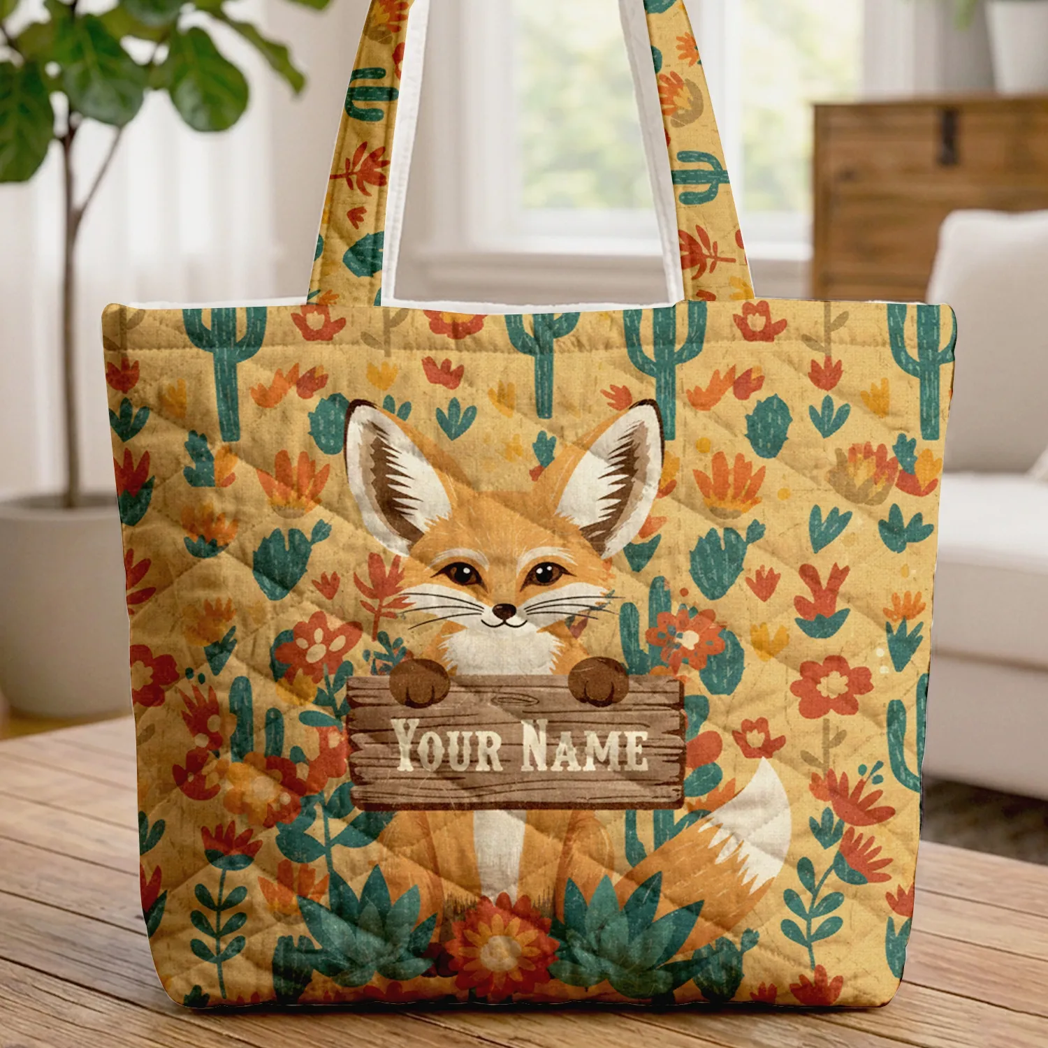 Fennec Fox Saguaro Cactus Prickly Pear Desert Flowers - Wildlife Lover Gift Quilted Tote Bag - 1