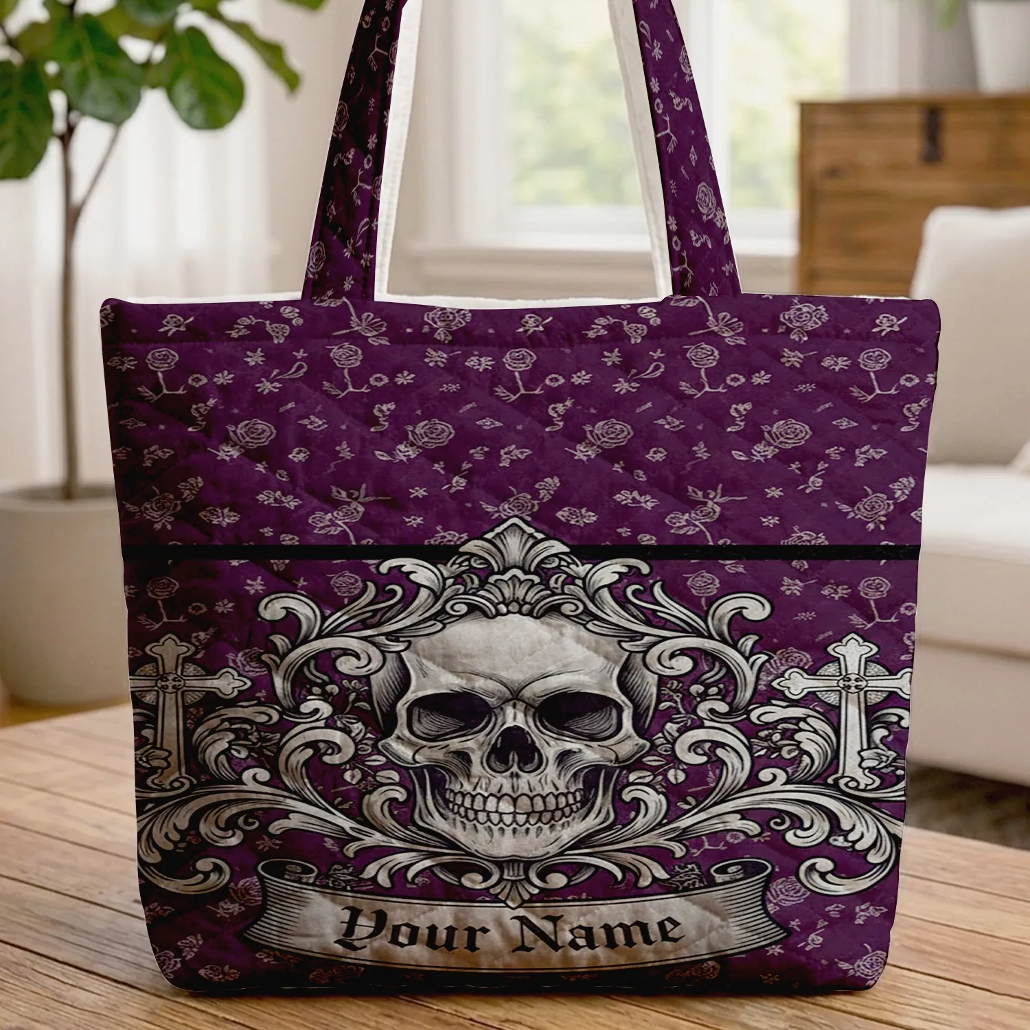 Gothic Skull Silver Roses Crosses Scrollwork Name Scroll - Gothic Lover Gift Quilted Tote Bag - 1