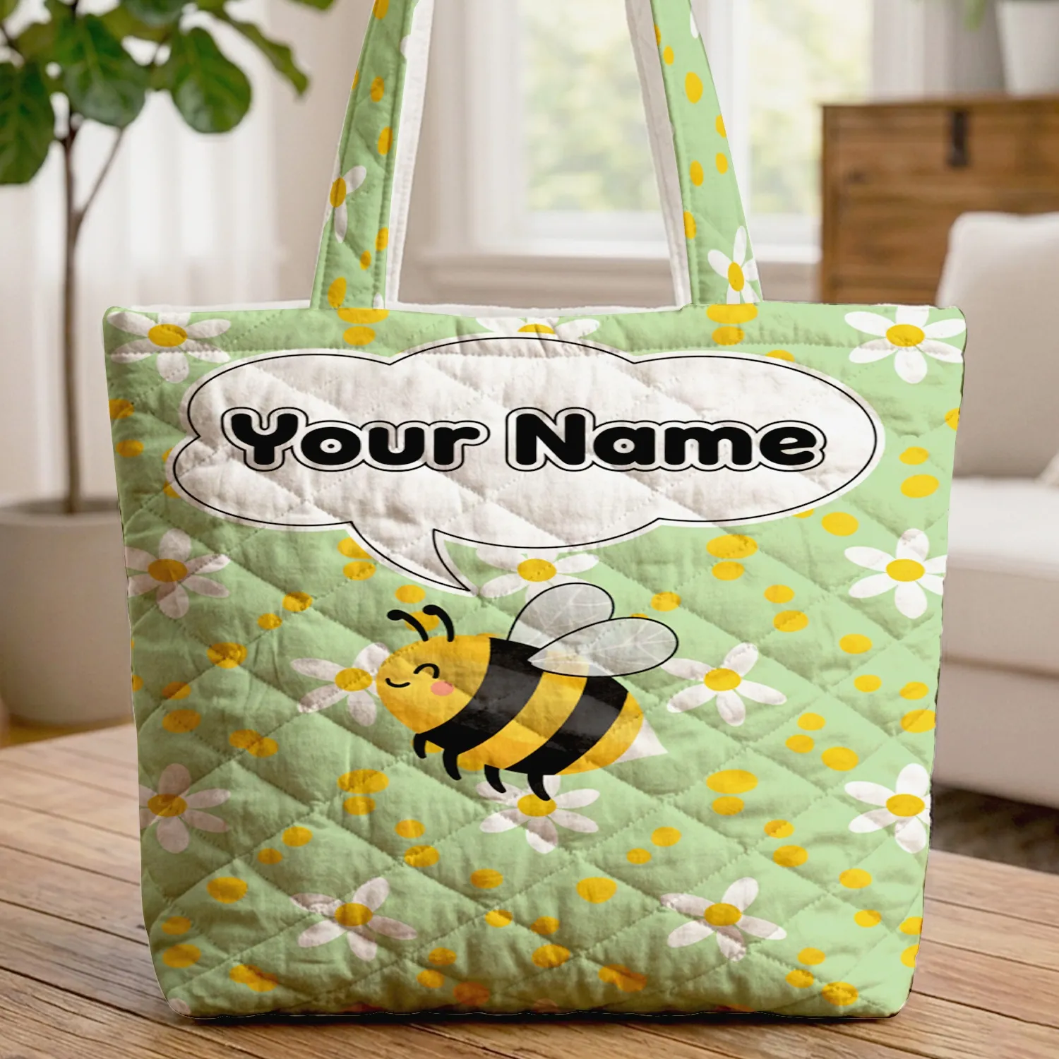 Bumblebee Name Speech Bubble Daisy Pollen - Everyday Tote Quilted Tote Bag - 1