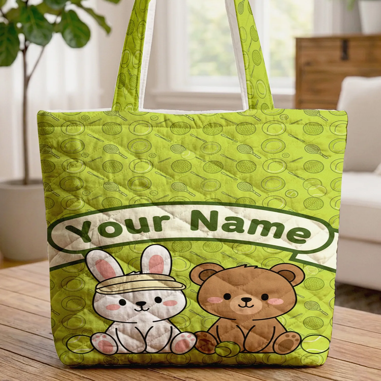 Bunny Bear Tennis Ball Visor Your Name - Youth Sports Fan Everyday Carry Gift Quilted Tote Bag - 1