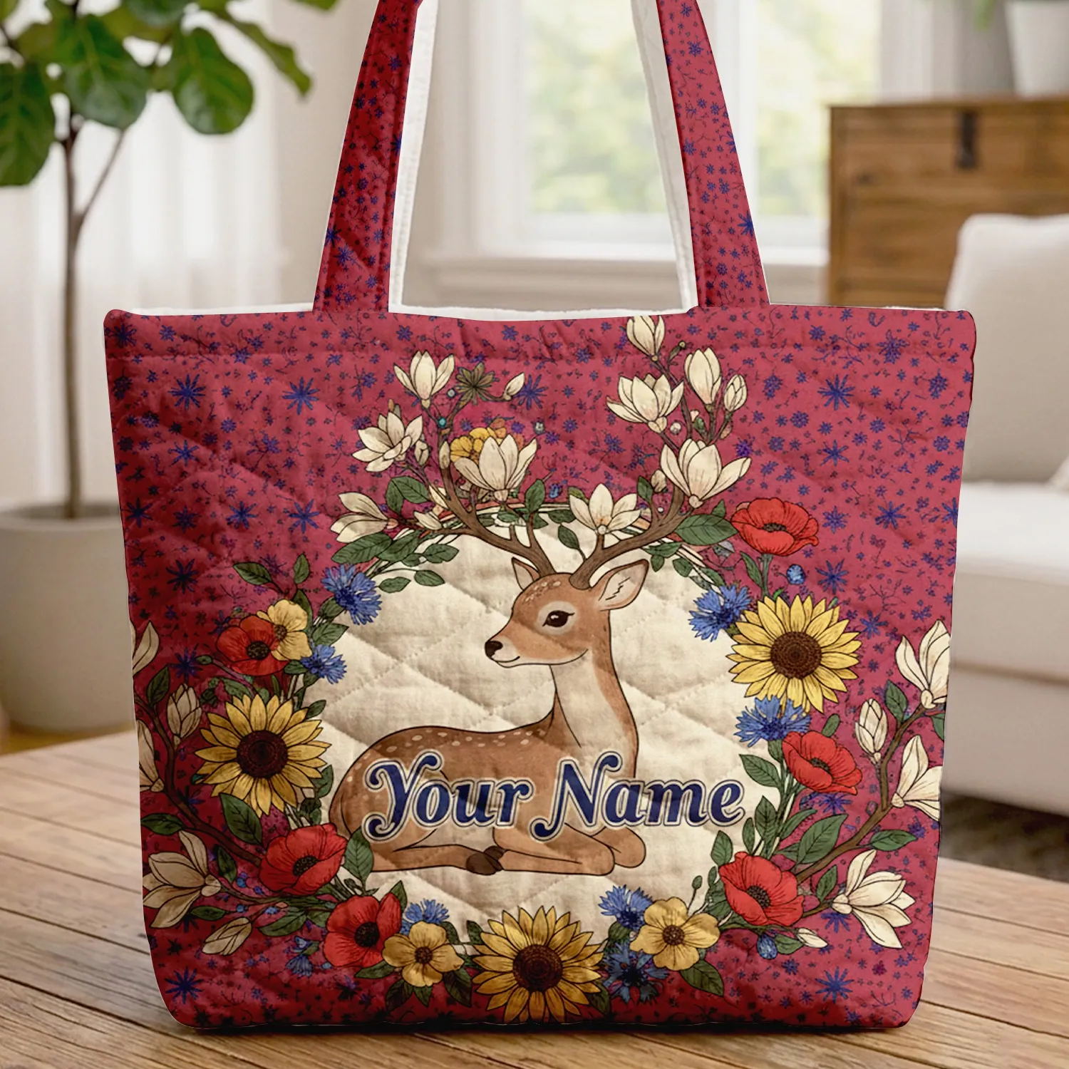 Elegant Deer Wildflowers Floral Wreath Personalized Your Name Nature Lover Gift Quilted Tote Bag - 1