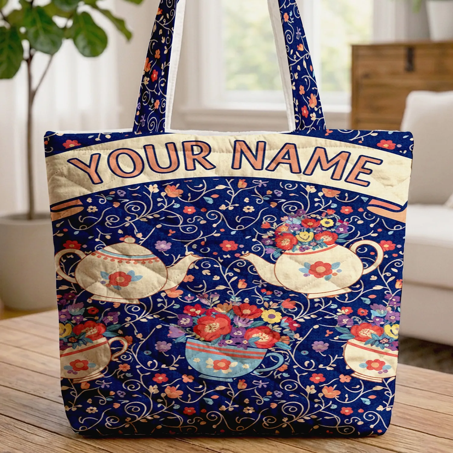 Teapots Teacups Flowers Swirling Vines Banner Your Name - Home Decor Gift for Tea Lover Quilted Tote Bag - 1