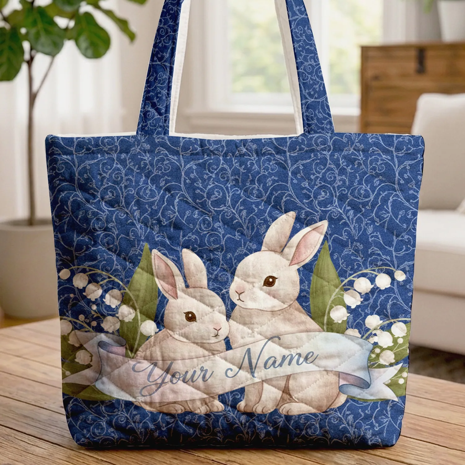 Bunnies Lily Valley Personalized Name Ribbon - Everyday Tote Gift for Bunny Lovers Quilted Tote Bag - 1