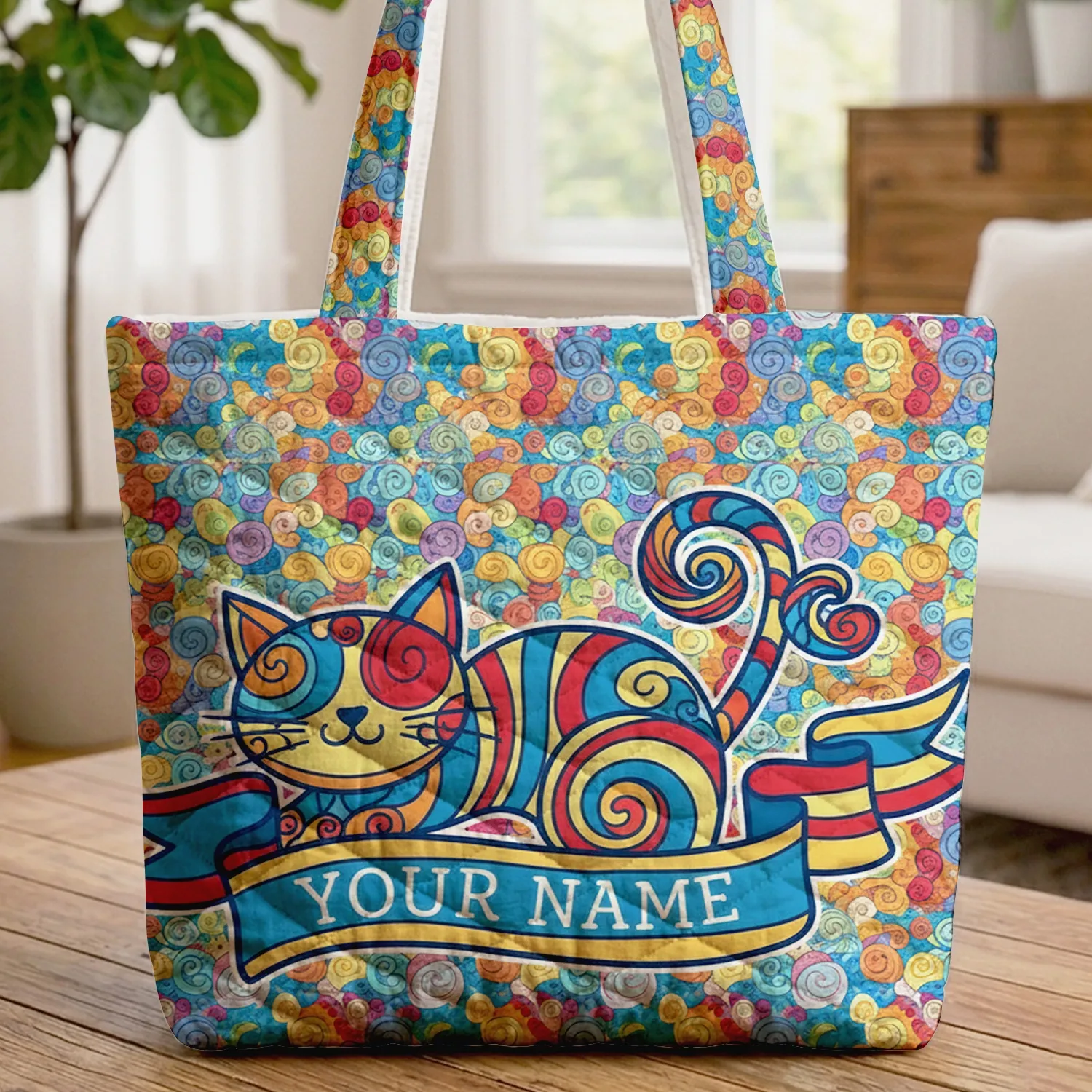 Organic Swirling Cat Your Name Ribbon - Everyday Carry Cat Lover Gift Quilted Tote Bag - 1