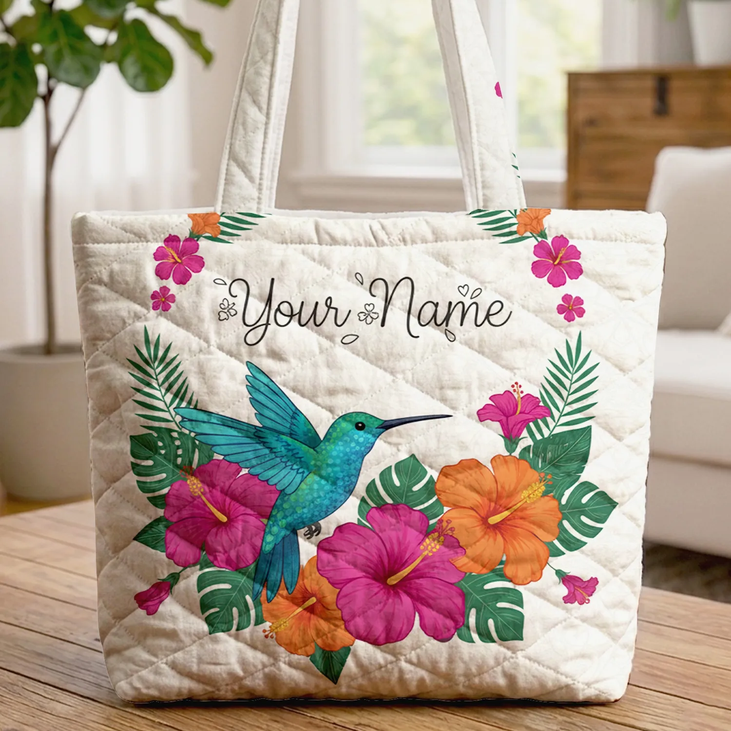 Hummingbird Hibiscus Flowers Lush Tropical Leaves Floral Wreath Tropical Lifestyle Quilted Tote Bag - 1