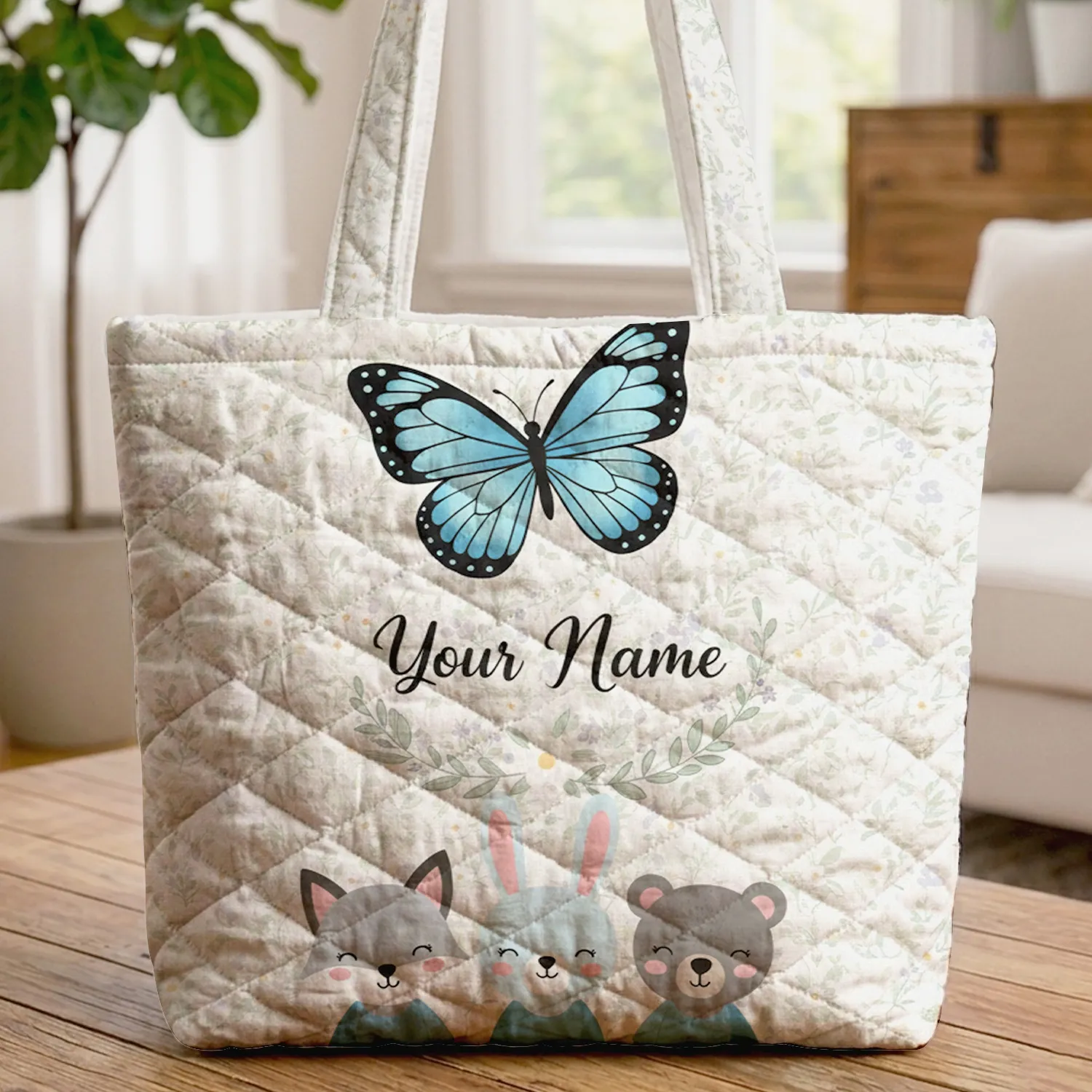 Blue Black Butterfly Daisy Floral Wreath - Everyday Personalized Gift Quilted Tote Bag - 1