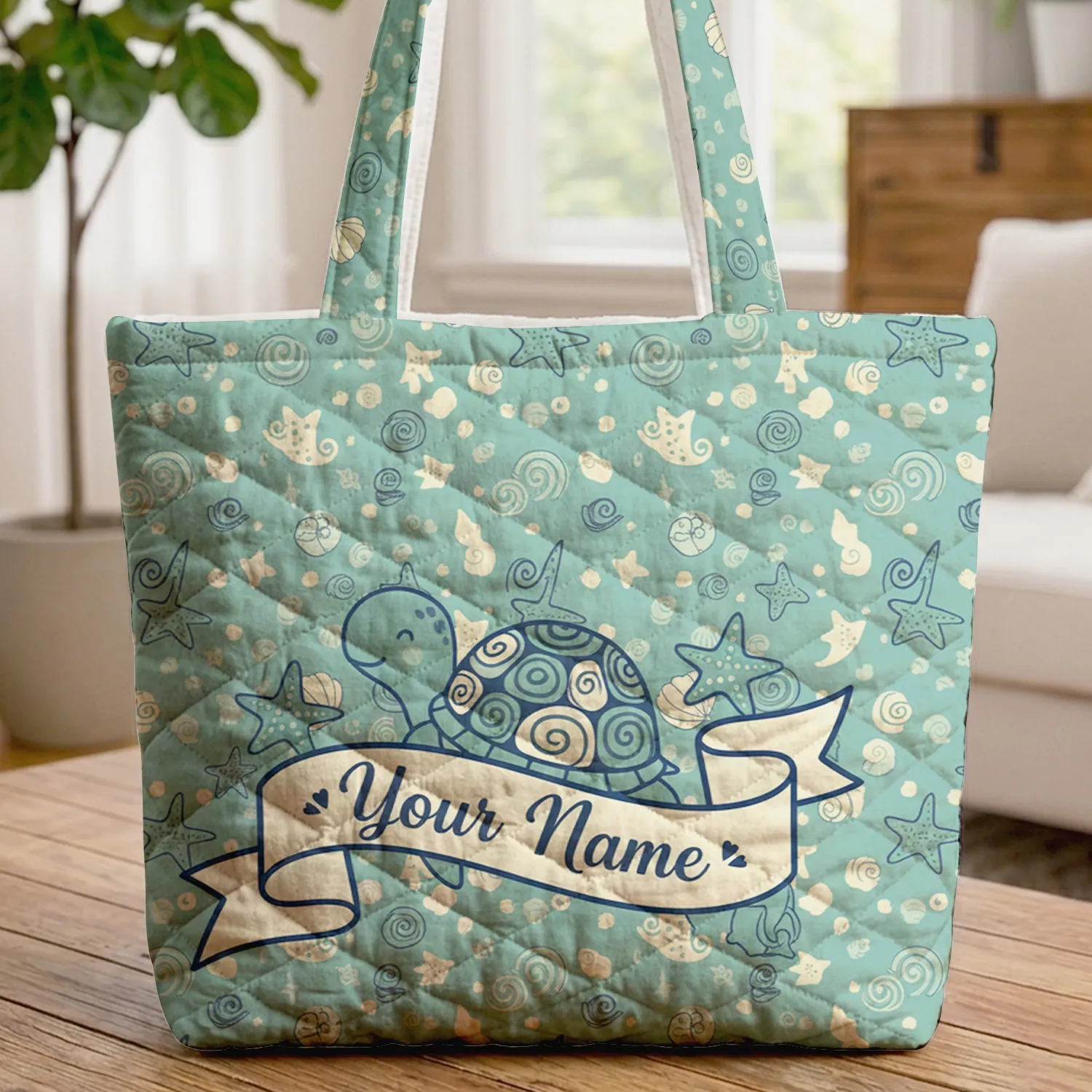 Sea Turtle Starfish Seashell Waves - Ocean Lover Beach Lifestyle Gift Quilted Tote Bag - 1