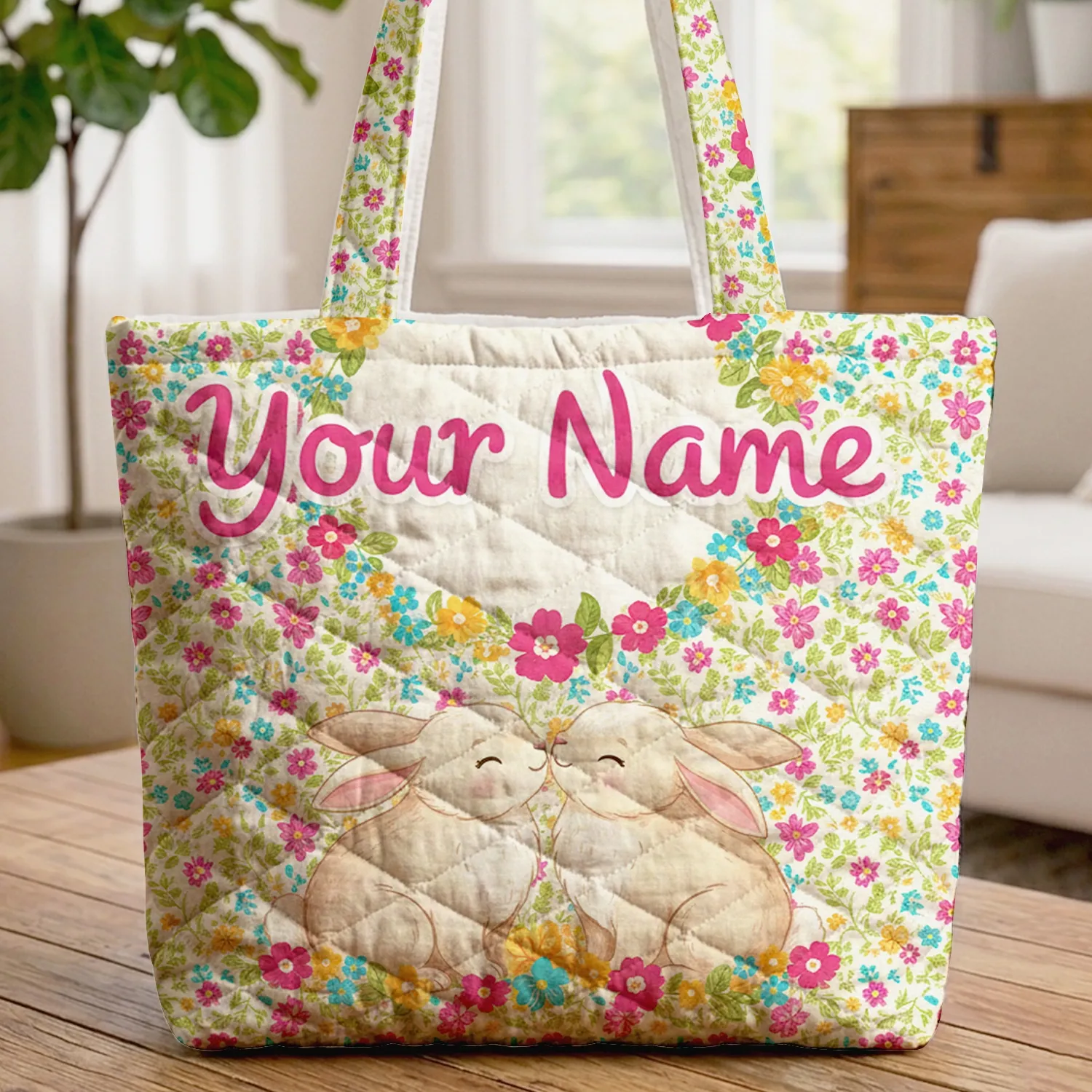 Bunnies Nuzzling Garden Flowers Name Wreath - Storybook Lover Gift for Everyday Carry Quilted Tote Bag - 1