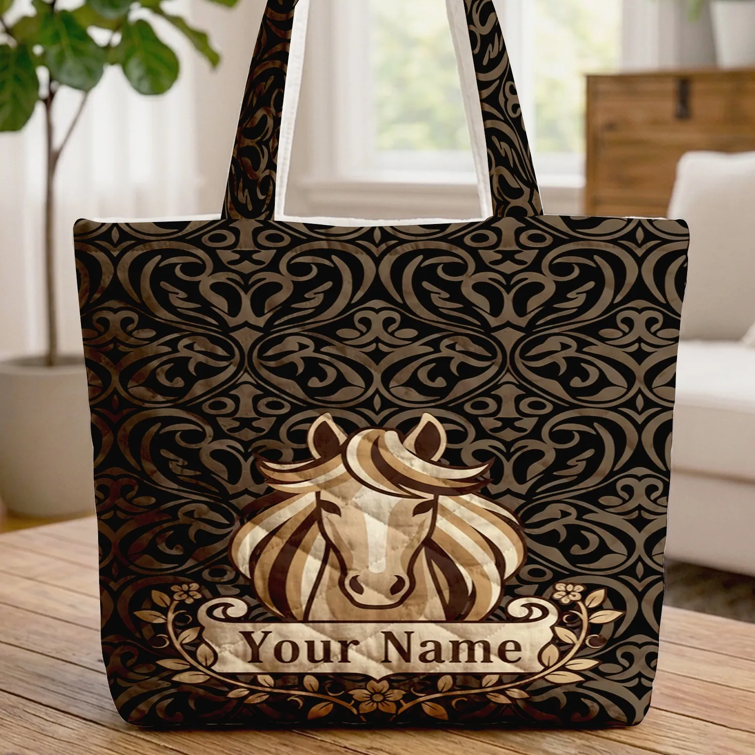 Majestic Horse Head Flowing Mane Floral Wreath Dark Swirling Organic Lines - Horse Lover Gift Quilted Tote Bag - 1