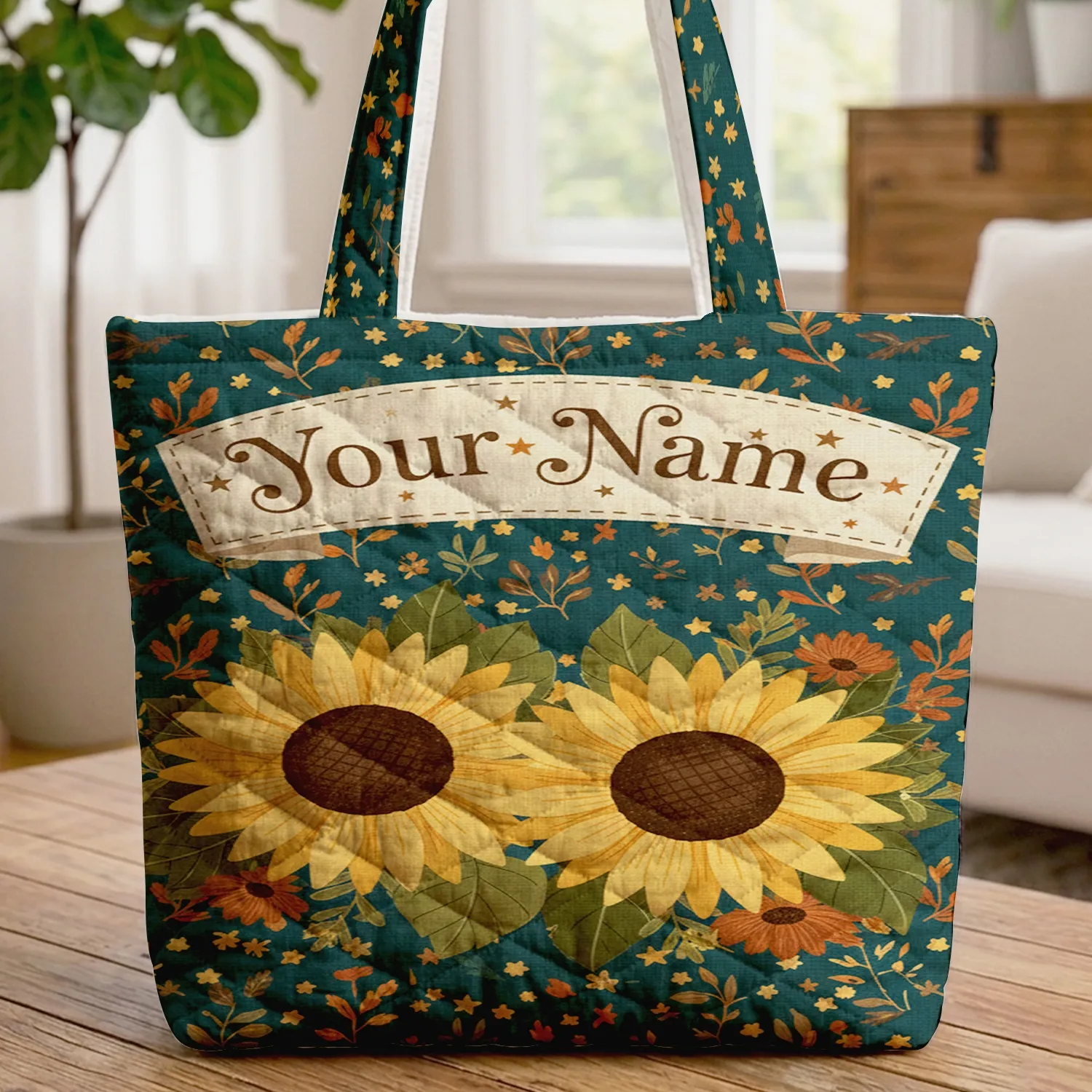 Sunflower Stars Arched Banner - Boho Lifestyle for Flower Lover Quilted Tote Bag - 1