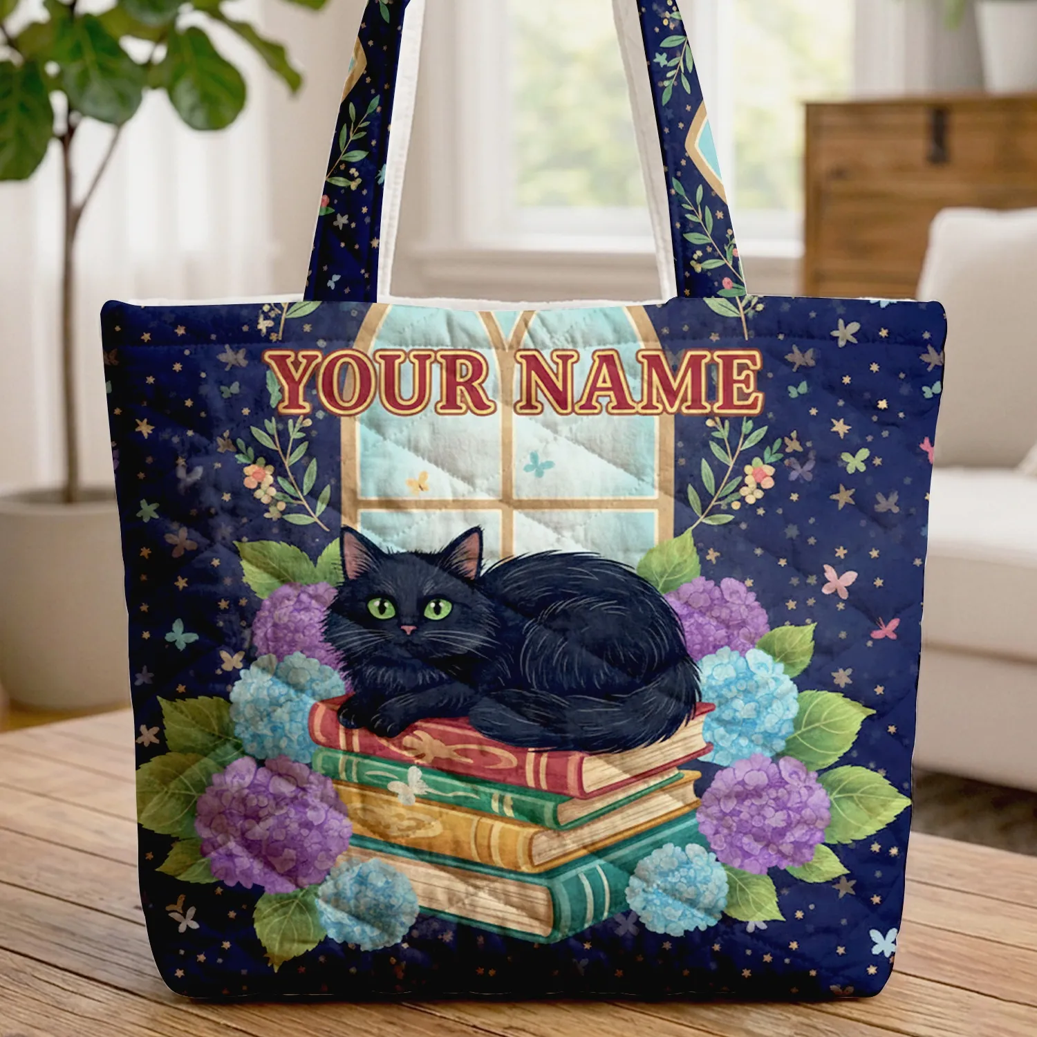 Fluffy Black Cat Vintage Books Hydrangeas - Cat Lover Home Decor Gift Quilted Tote Bag - 1