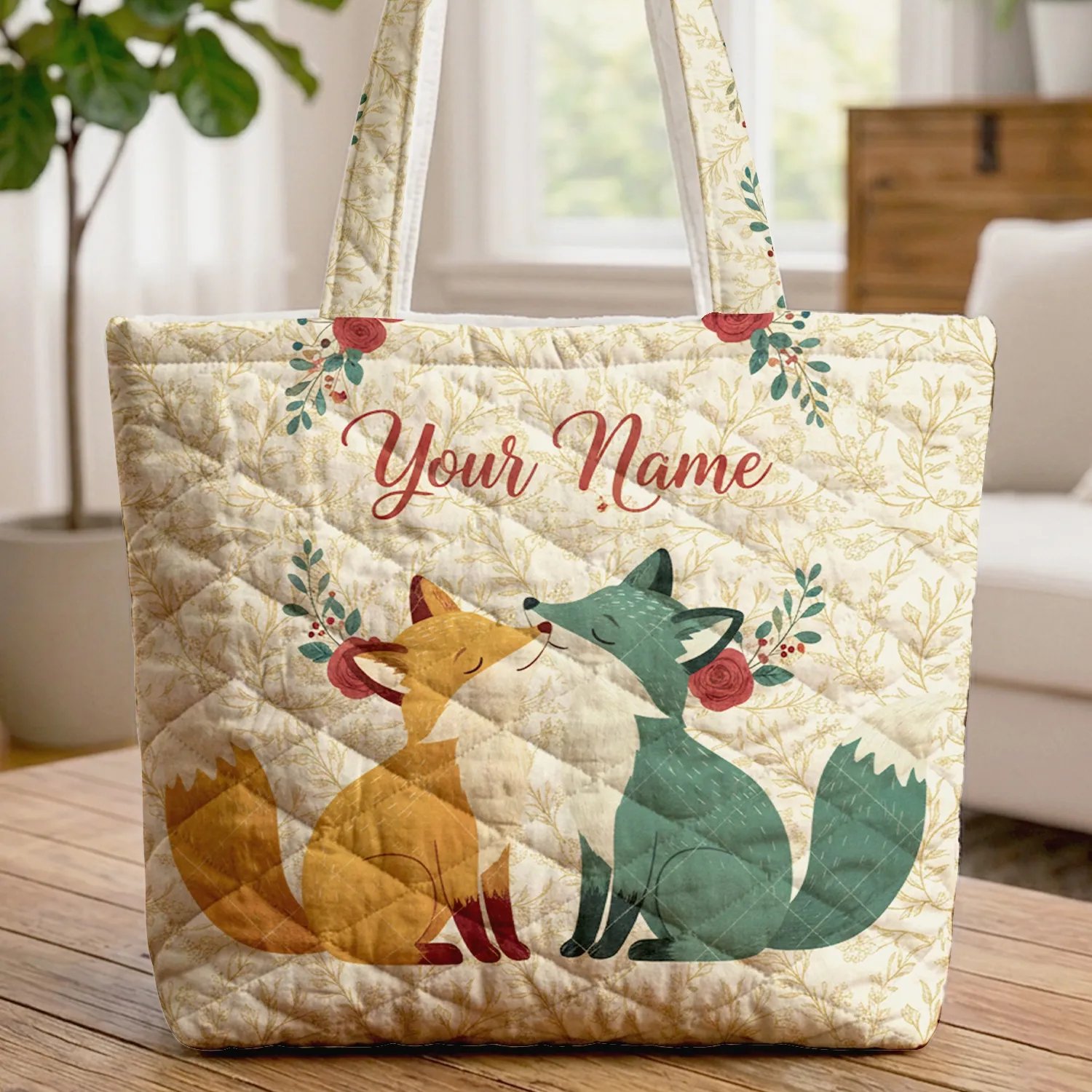 Nuzzling Fox Pair with Leaves, Berries, and Floral Wreath - Wildlife Lover Gift Quilted Tote Bag - 1