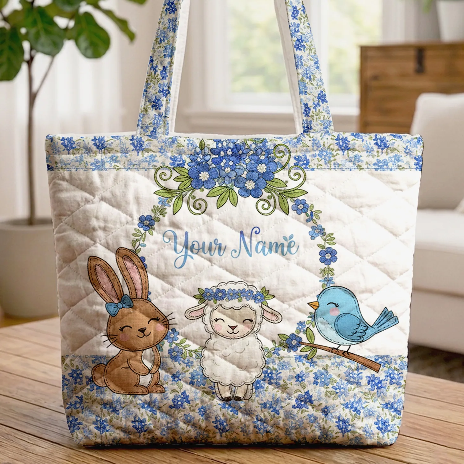 Bluebonnet Flowers Personalized Name Wreath - Everyday Floral Gift Quilted Tote Bag - 1