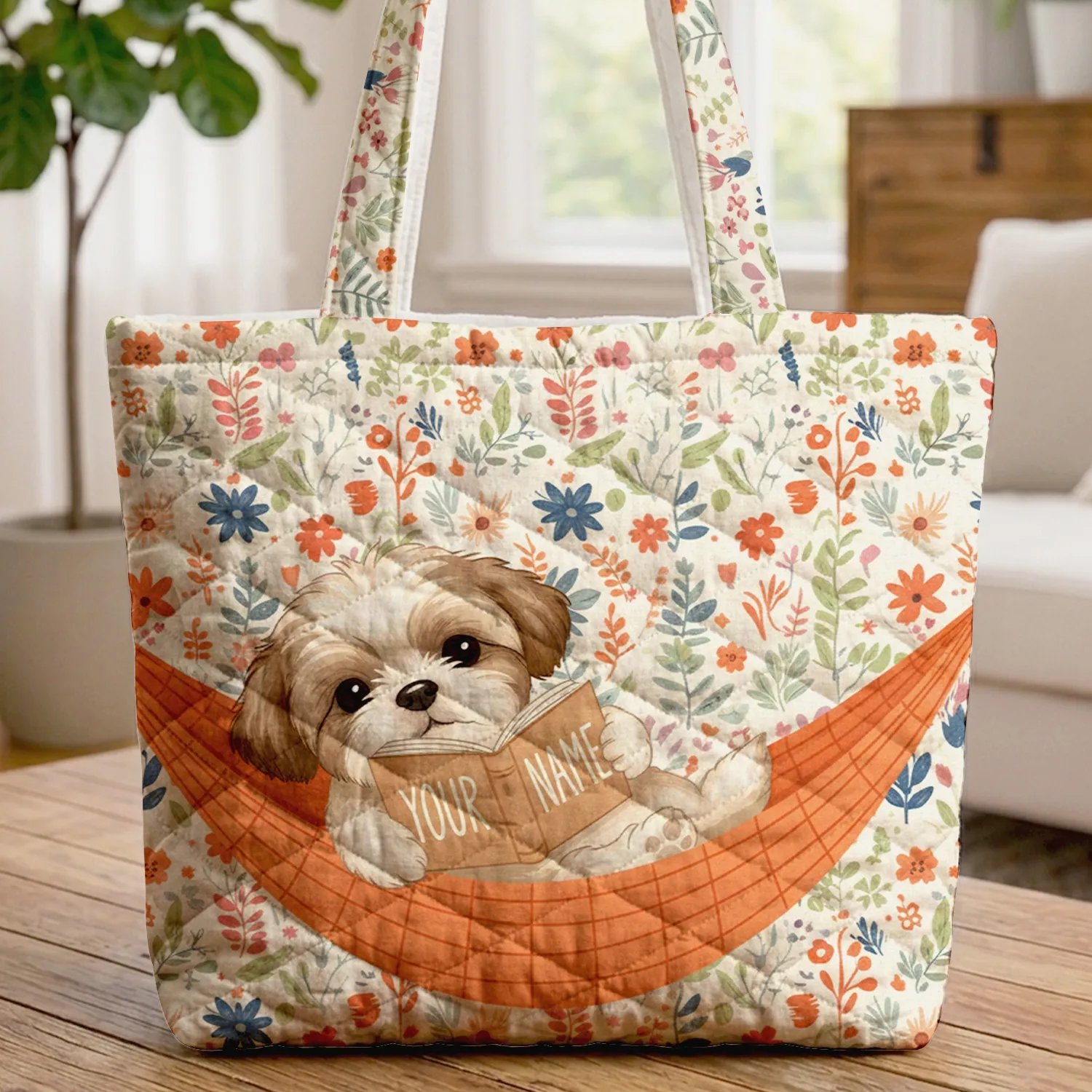 Shih Tzu Puppy Hammock Reading Book Botanical Flowers - Dog Lover Everyday Gift Quilted Tote Bag - 1