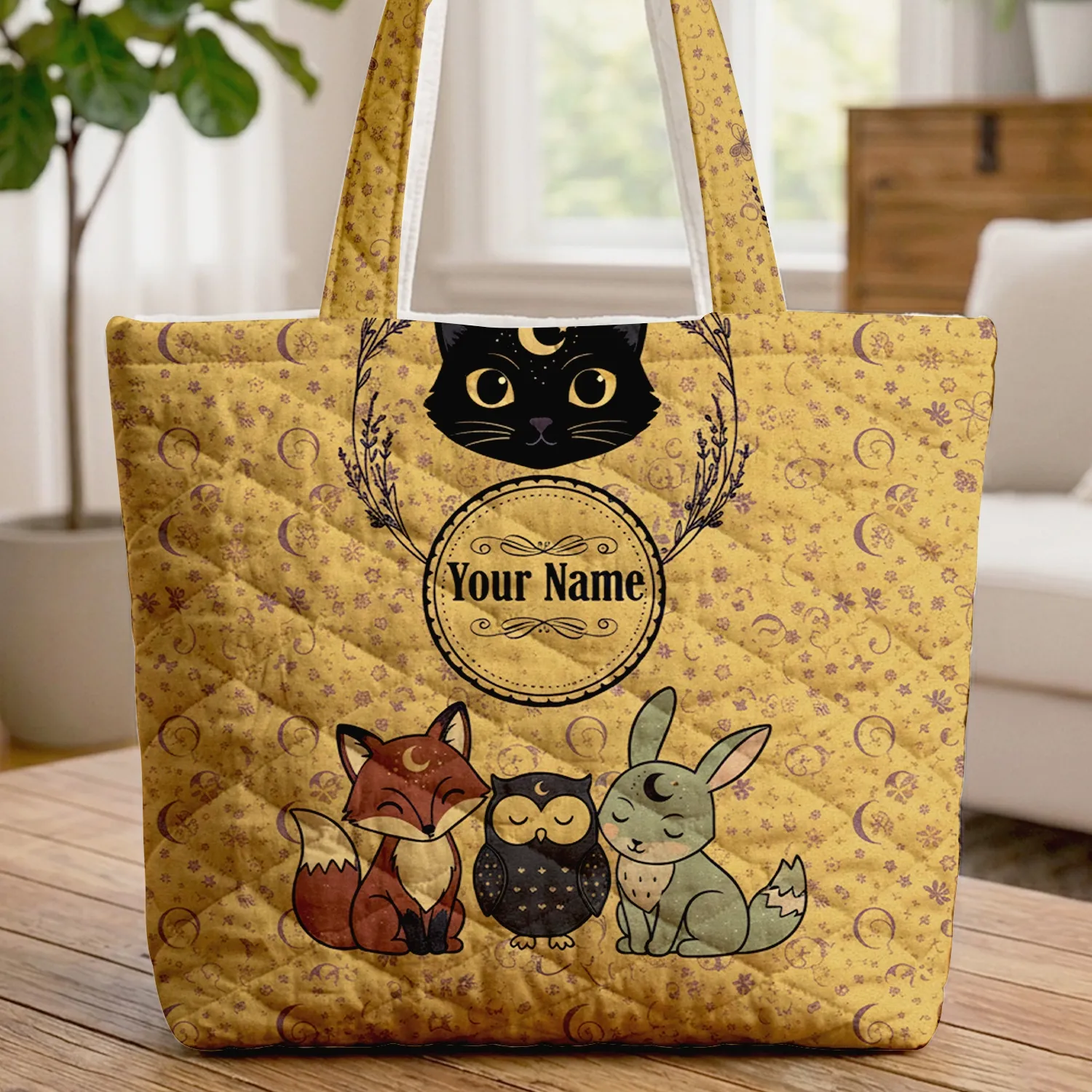 Black Cat Crescent Moon Stars Butterflies Swirling Vines - Everyday Tote for Cat Lover Quilted Tote Bag - 1