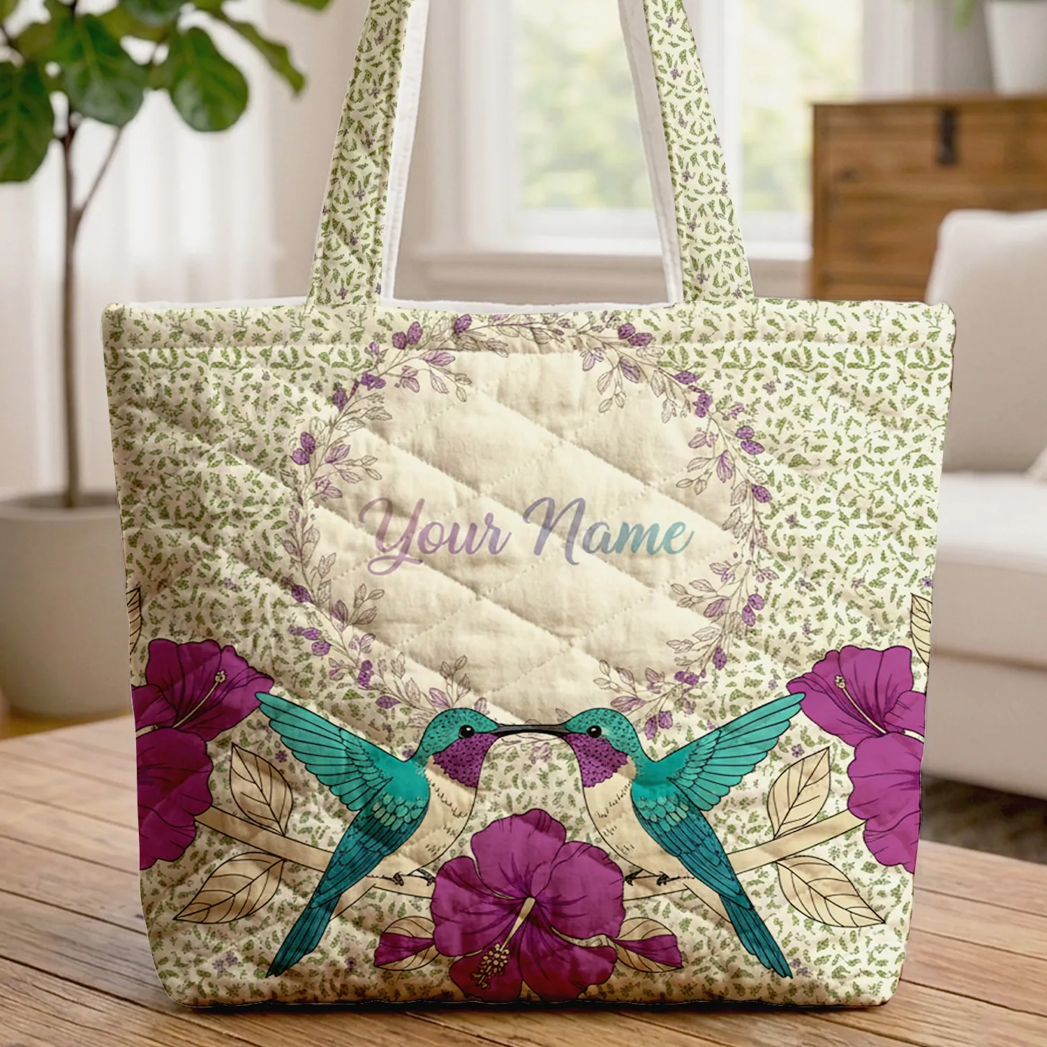 Hummingbirds Hibiscus Floral Wreath - Everyday Tote Gift for Her Quilted Tote Bag - 1