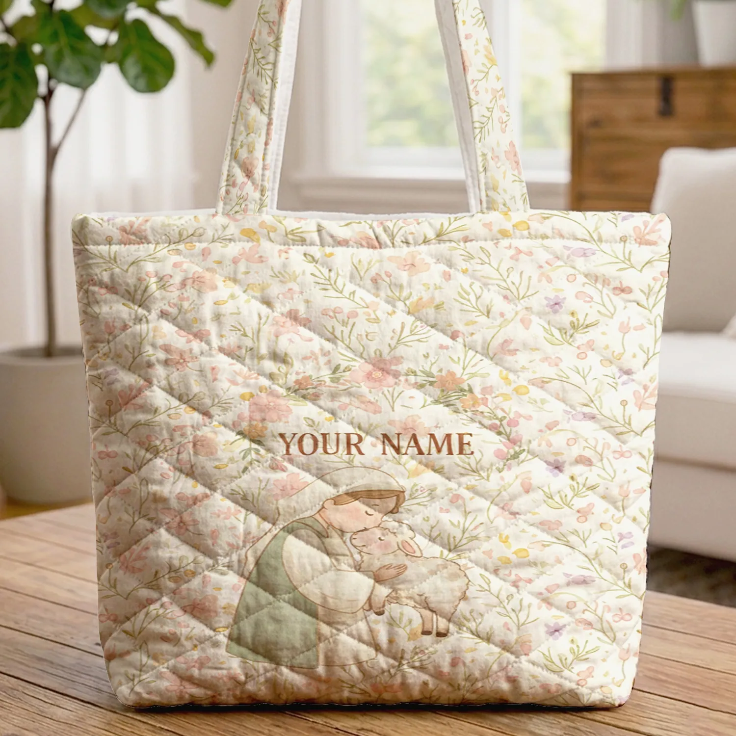 Gentle Figure Lamb Wildflowers Berries Personalized Your Name - Everyday Tote Gift for Her Quilted Tote Bag - 1