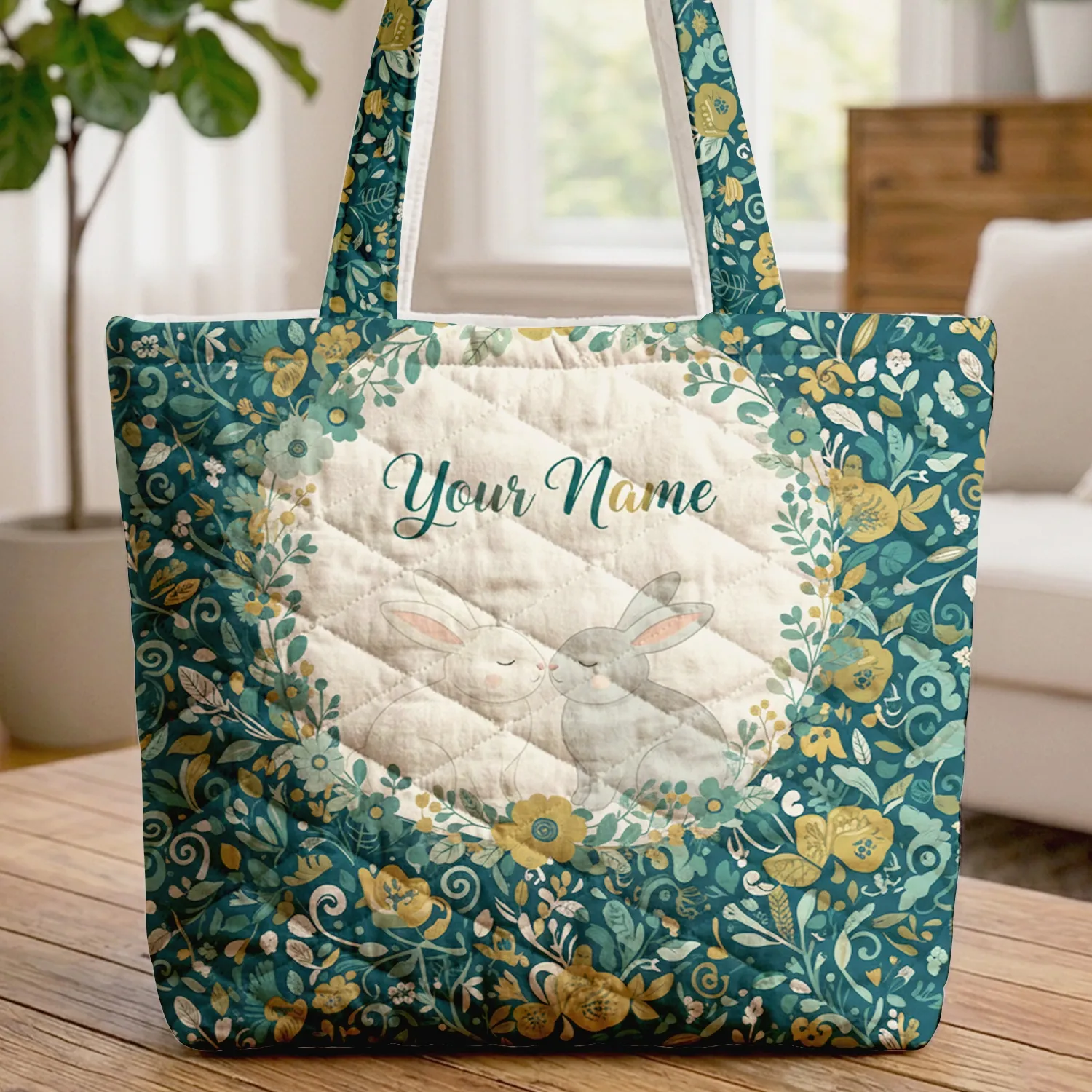 Nuzzling Bunnies Floral Wreath Personalized Name - Thoughtful Gift for Her Quilted Tote Bag - 1
