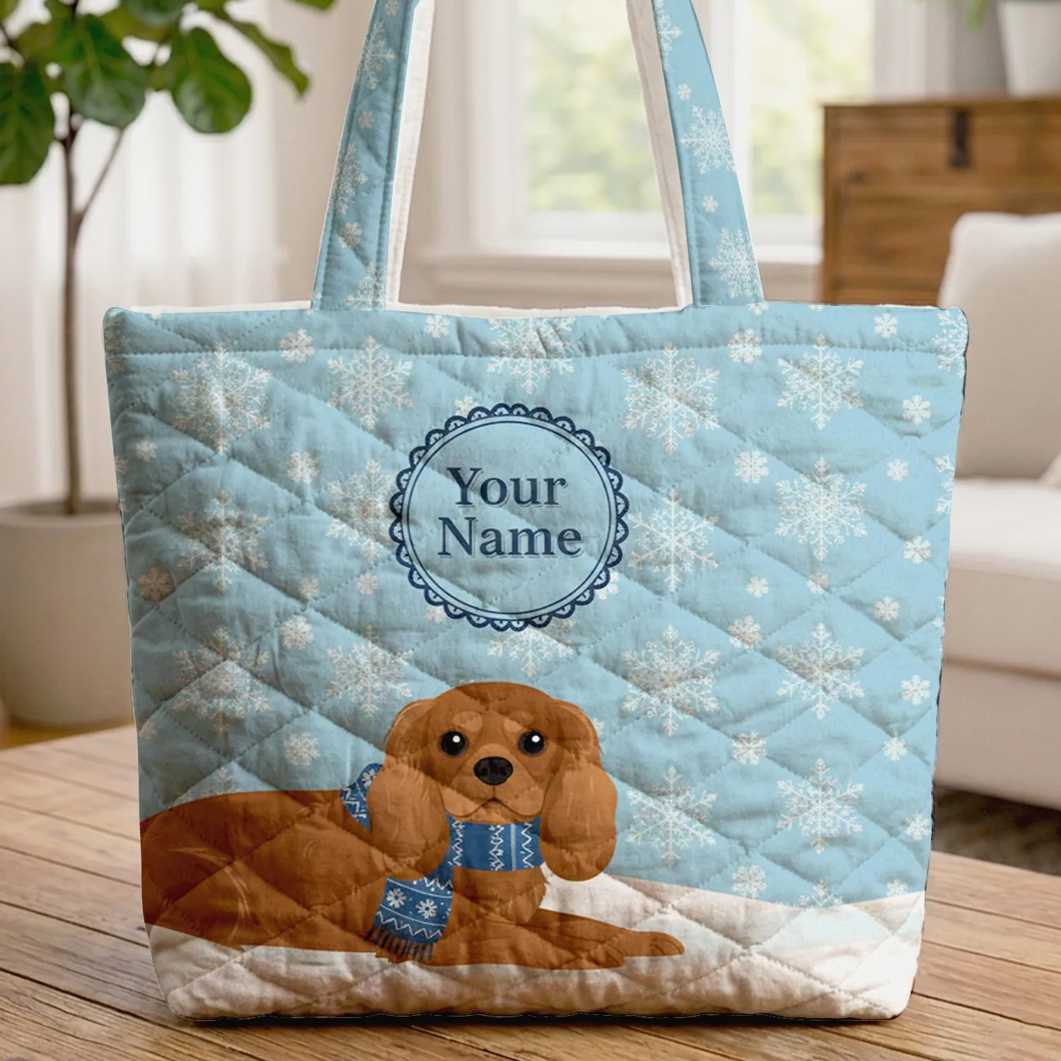 Cavalier King Charles Spaniel Snowflakes Personalized Name - Winter Holiday Dog Gift Quilted Tote Bag - 1