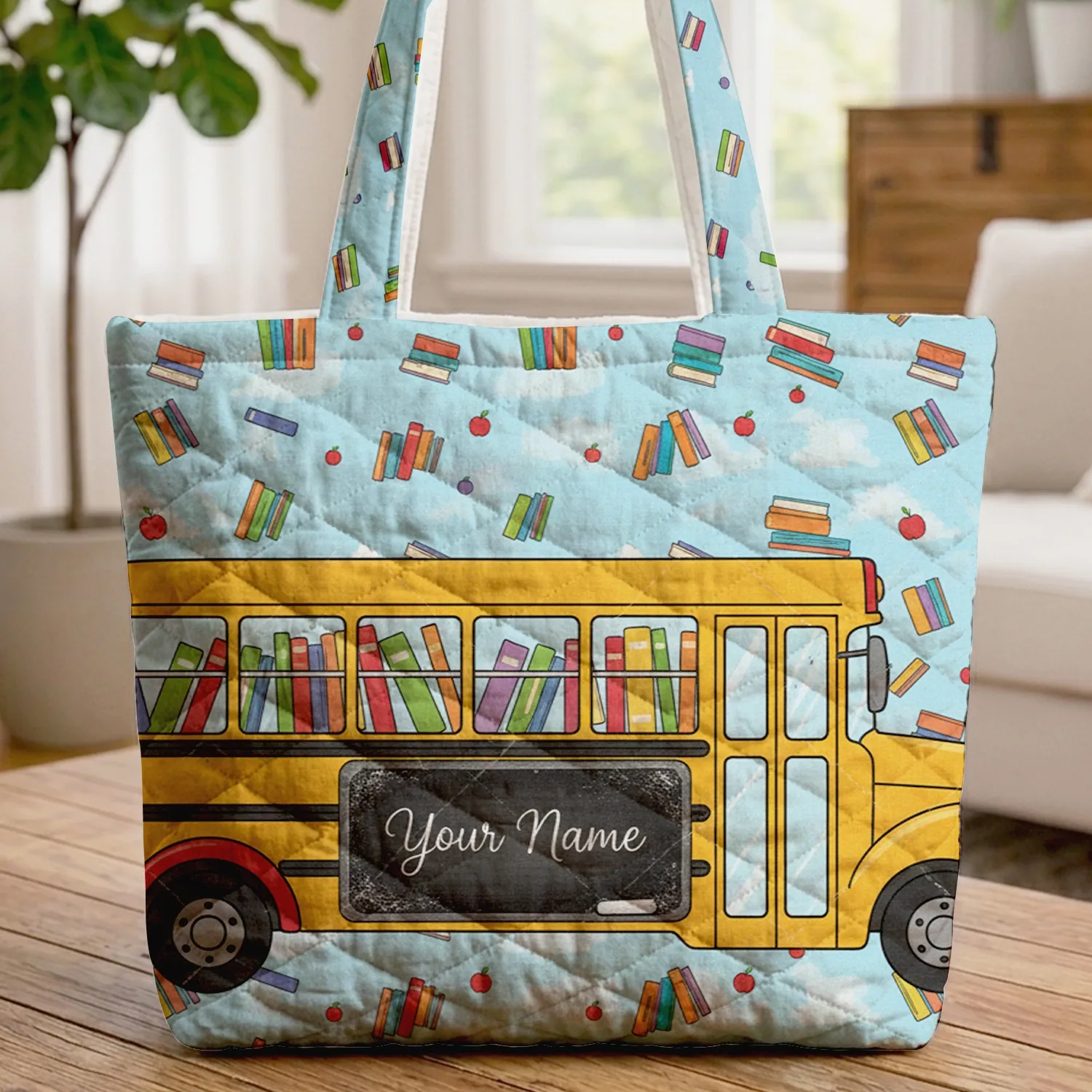 School Bus Book Windows Apple Sky Scene - Back to School Everyday Use Reader Gift for Student or Educator Quilted Tote Bag - 1
