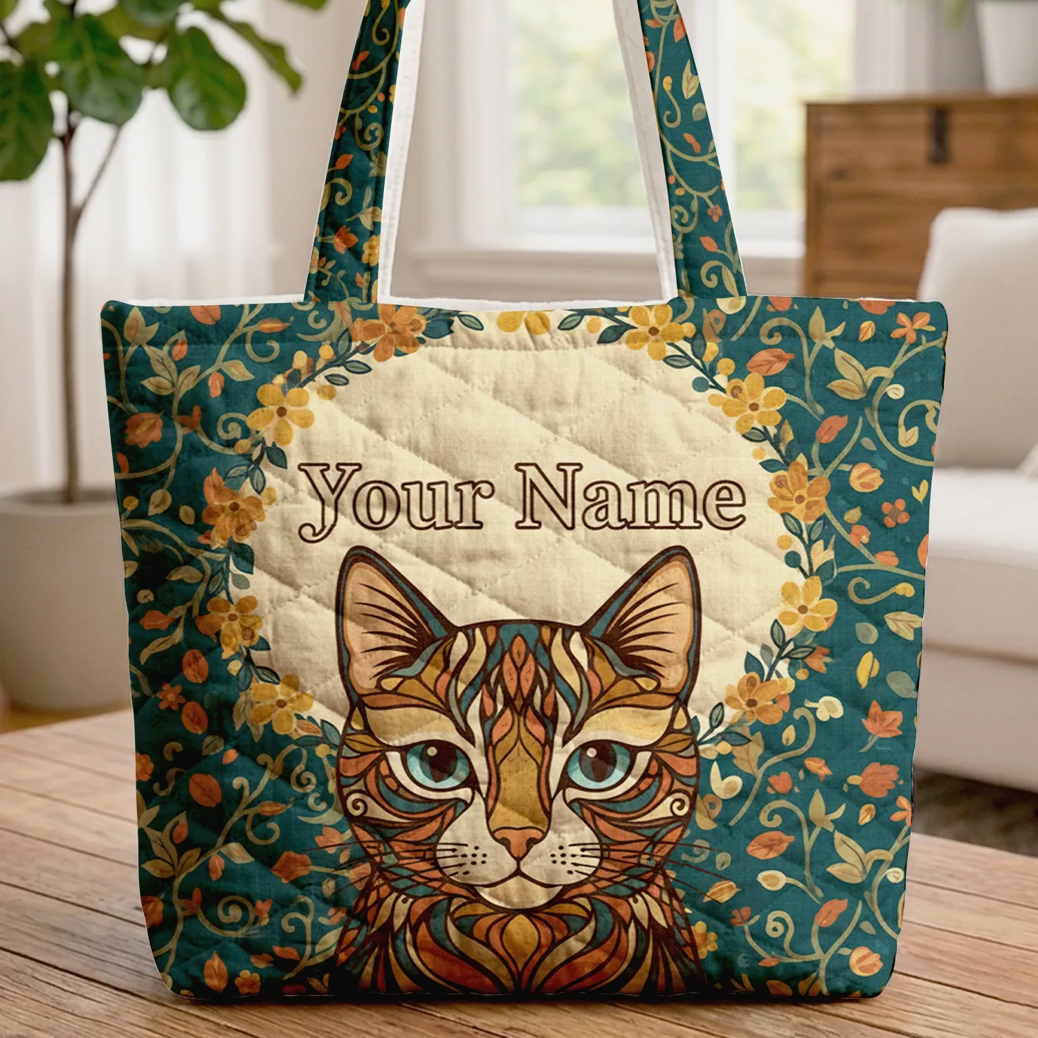 Cat Blue Eyes Floral Wreath Leaf Garland Botanical Vines Your Name - Home Decor Cat Lover Gift Quilted Tote Bag - 1