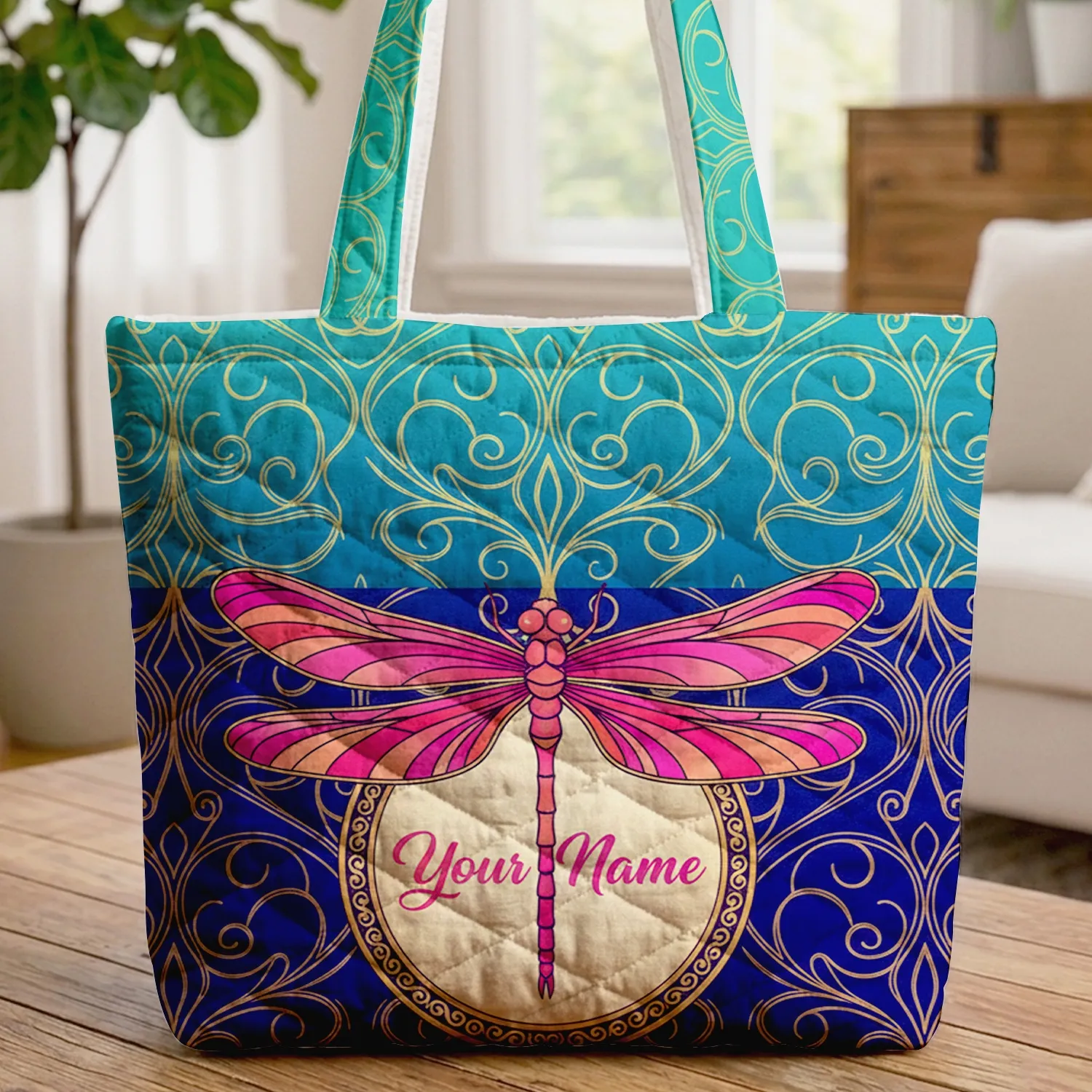 Dragonfly Gold Filigree Your Name Text Circular Medallion - Nature Lover Everyday Gift Quilted Tote Bag - 1