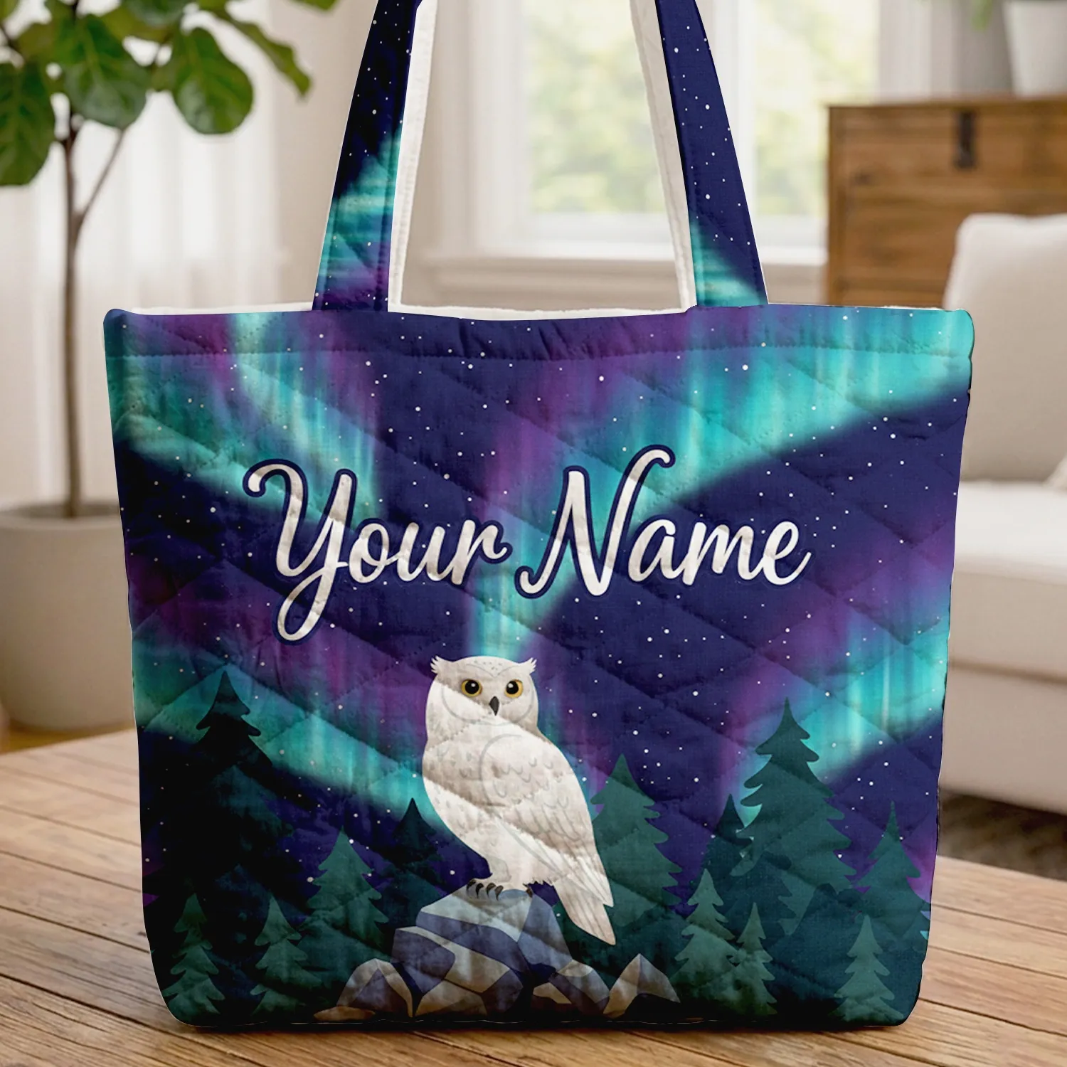 White Owl Pine Trees Aurora Borealis Night Sky - Fantasy Fan Gift Quilted Tote Bag - 1