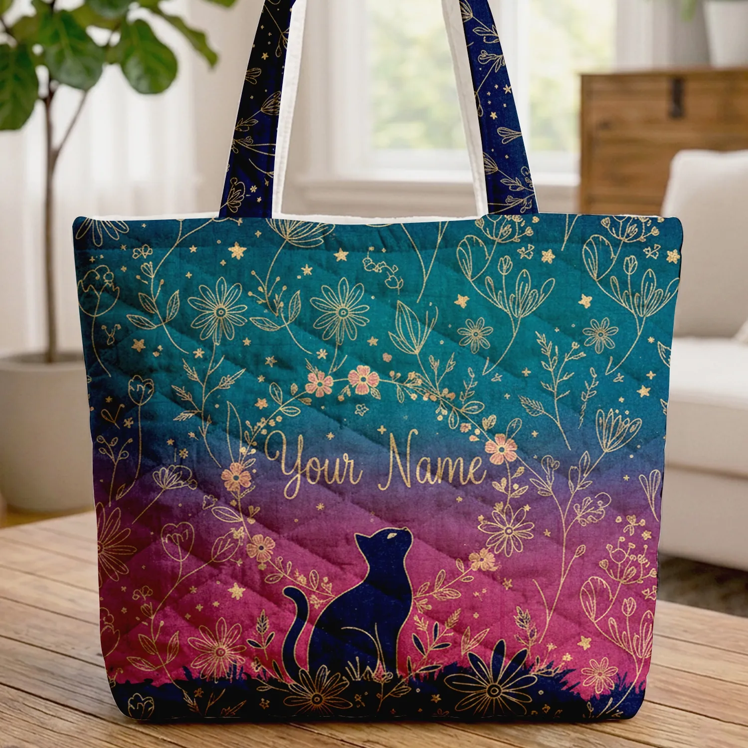 Black Cat Wildflower Floral Wreath Starry Night - Cat Lover Everyday Gift Quilted Tote Bag - 1