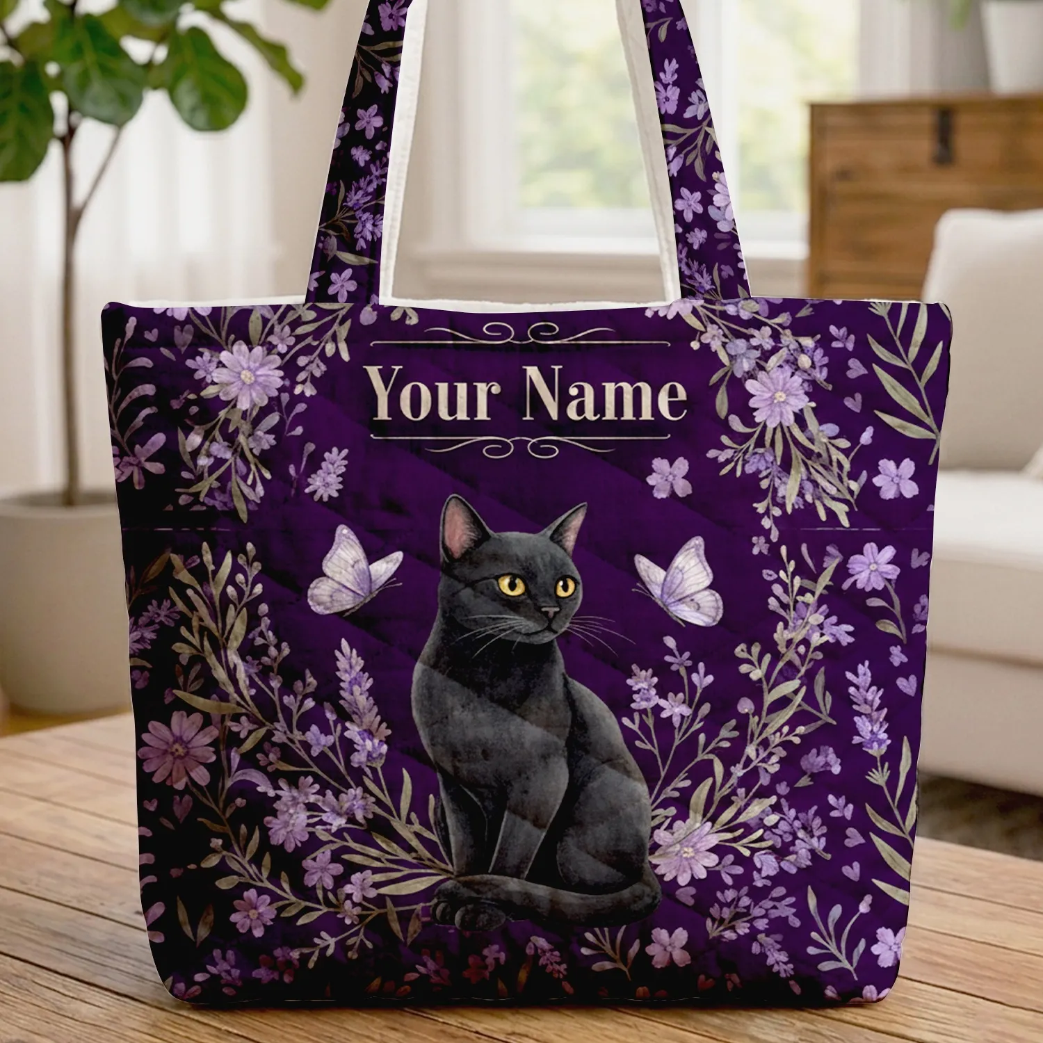 Personalized Black Cat Purple Butterflies Lavender Daisy Floral - Everyday Cat Lover Gift Quilted Tote Bag - 1